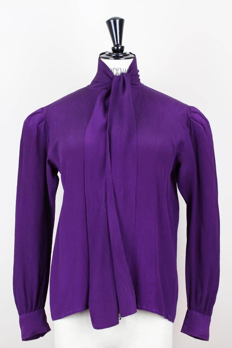 Yves Saint Laurent YSL Purple Silk Bow Tie Blouse Gathered Shoulder ...