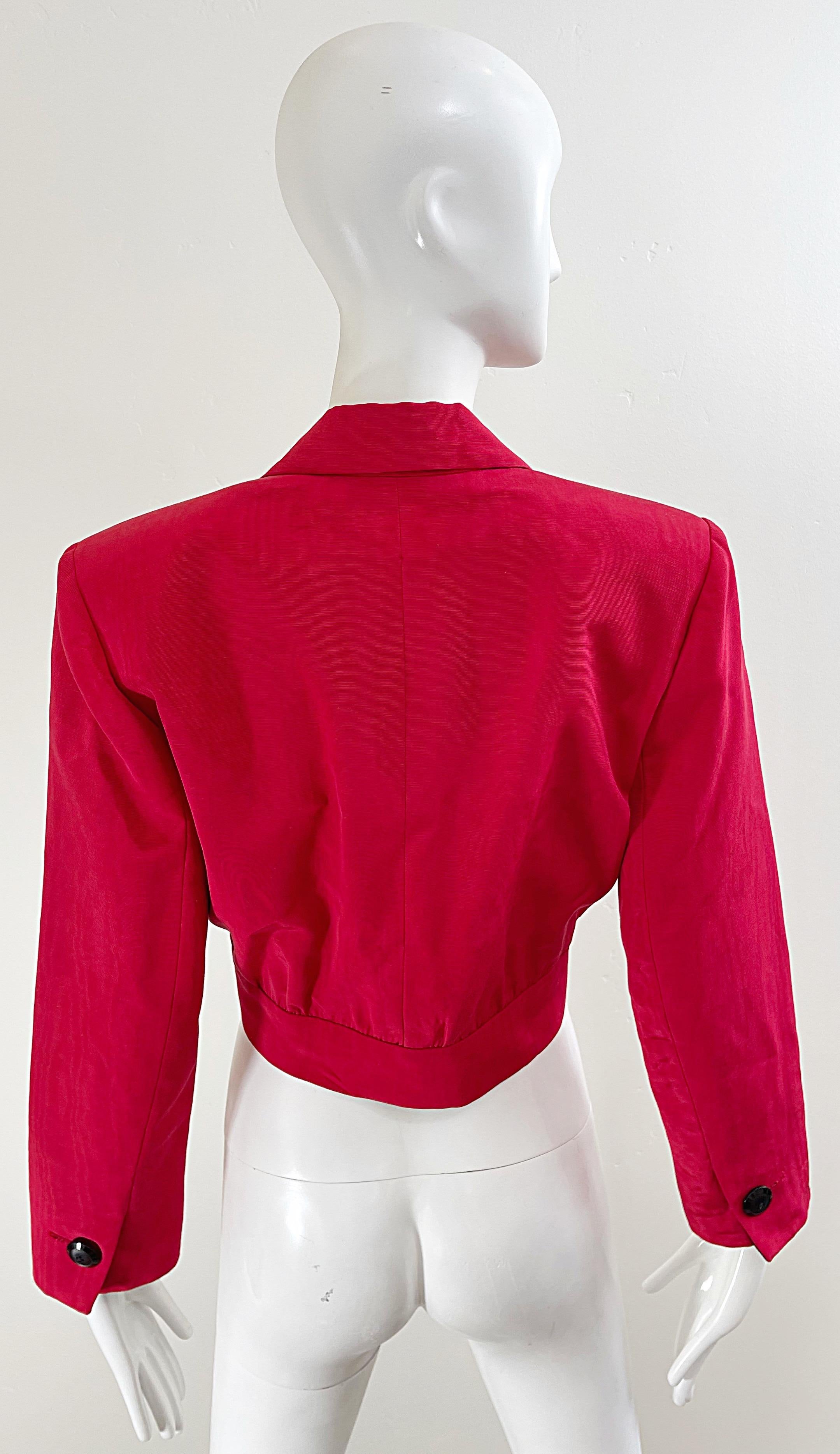 Yves Saint Laurent 1980s Red / Black Silk Cropped Vintage 80s Jacket Blazer YSL For Sale 4