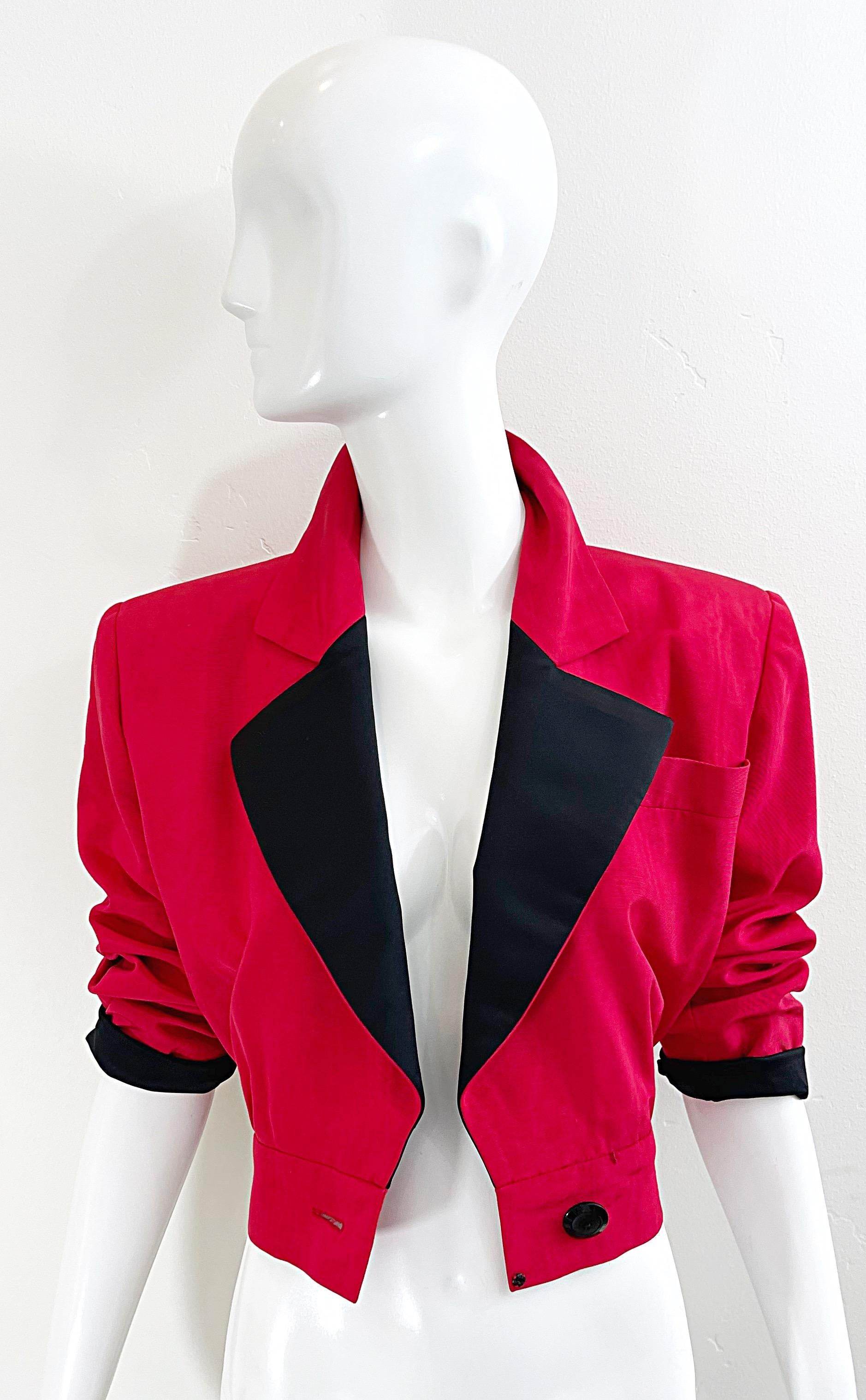 Yves Saint Laurent 1980s Red / Black Silk Cropped Vintage 80s Jacket Blazer YSL For Sale 5