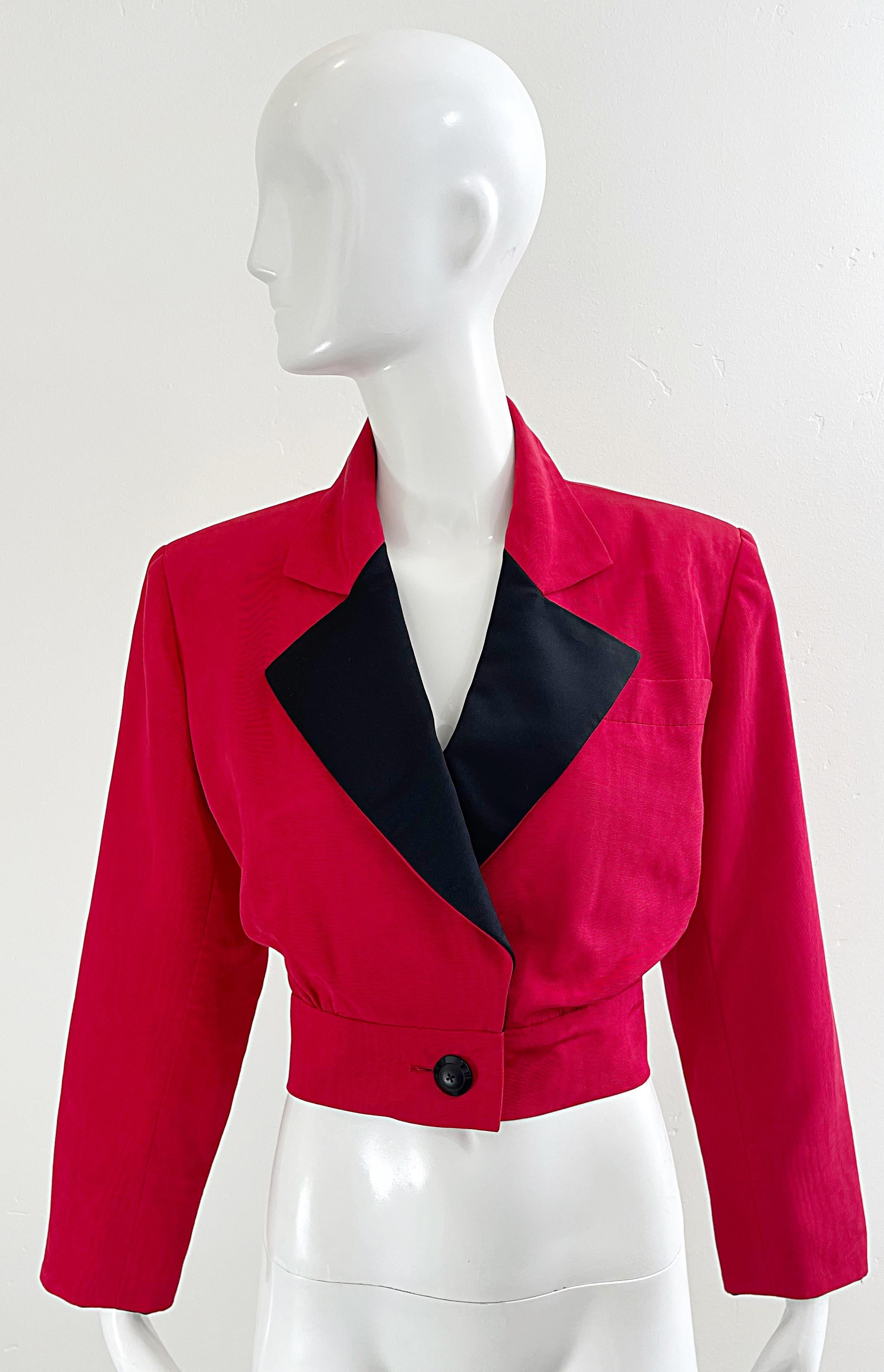 Yves Saint Laurent 1980s Red / Black Silk Cropped Vintage 80s Jacket Blazer YSL For Sale 8