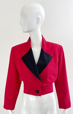 Yves Saint Laurent 1980s Red / Black Silk Cropped Vintage 80s Jacket Blazer YSL