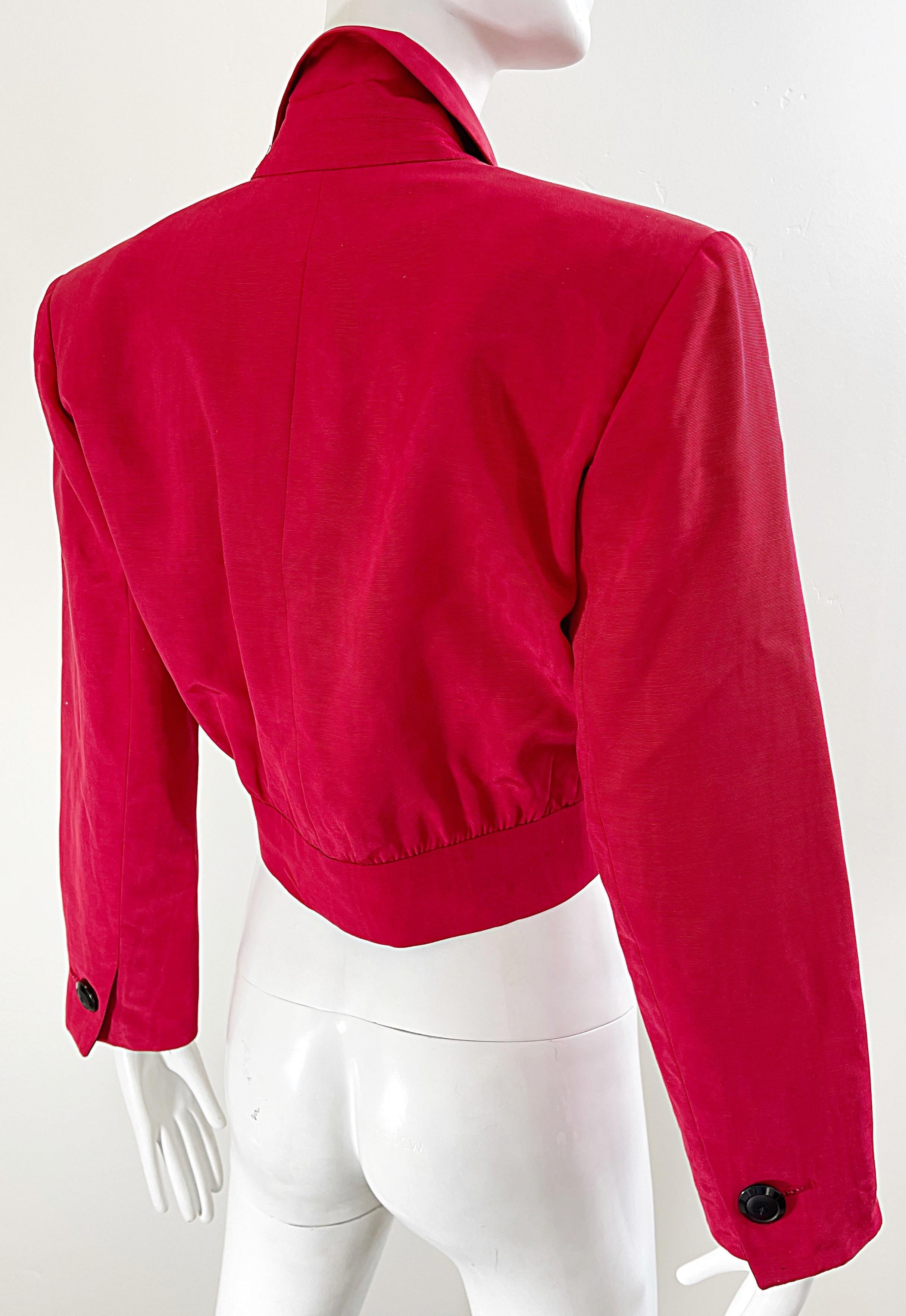 Yves Saint Laurent 1980s Red / Black Silk Cropped Vintage 80s Jacket Blazer YSL In Excellent Condition For Sale In San Diego, CA
