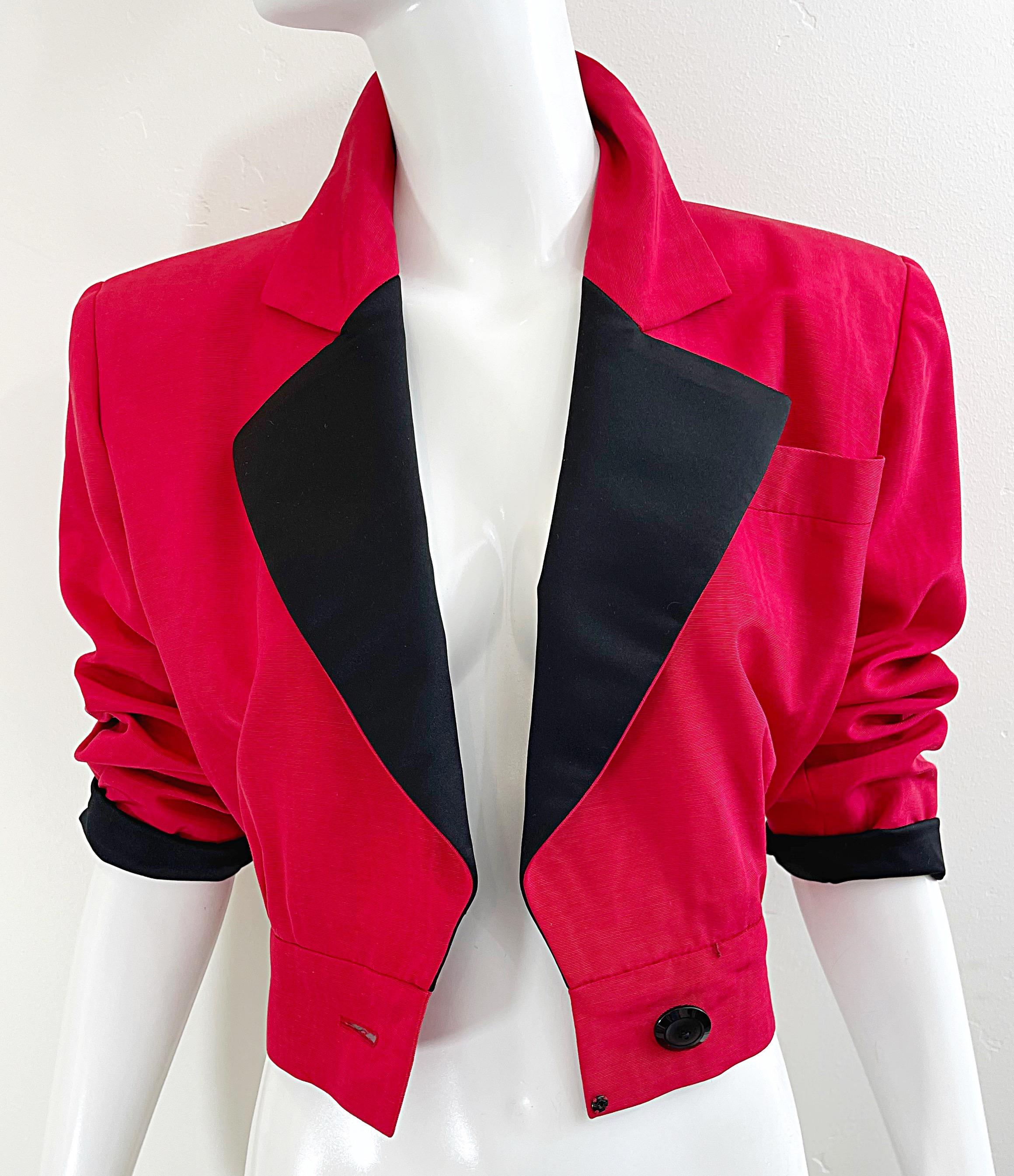 Women's Yves Saint Laurent 1980s Red / Black Silk Cropped Vintage 80s Jacket Blazer YSL For Sale