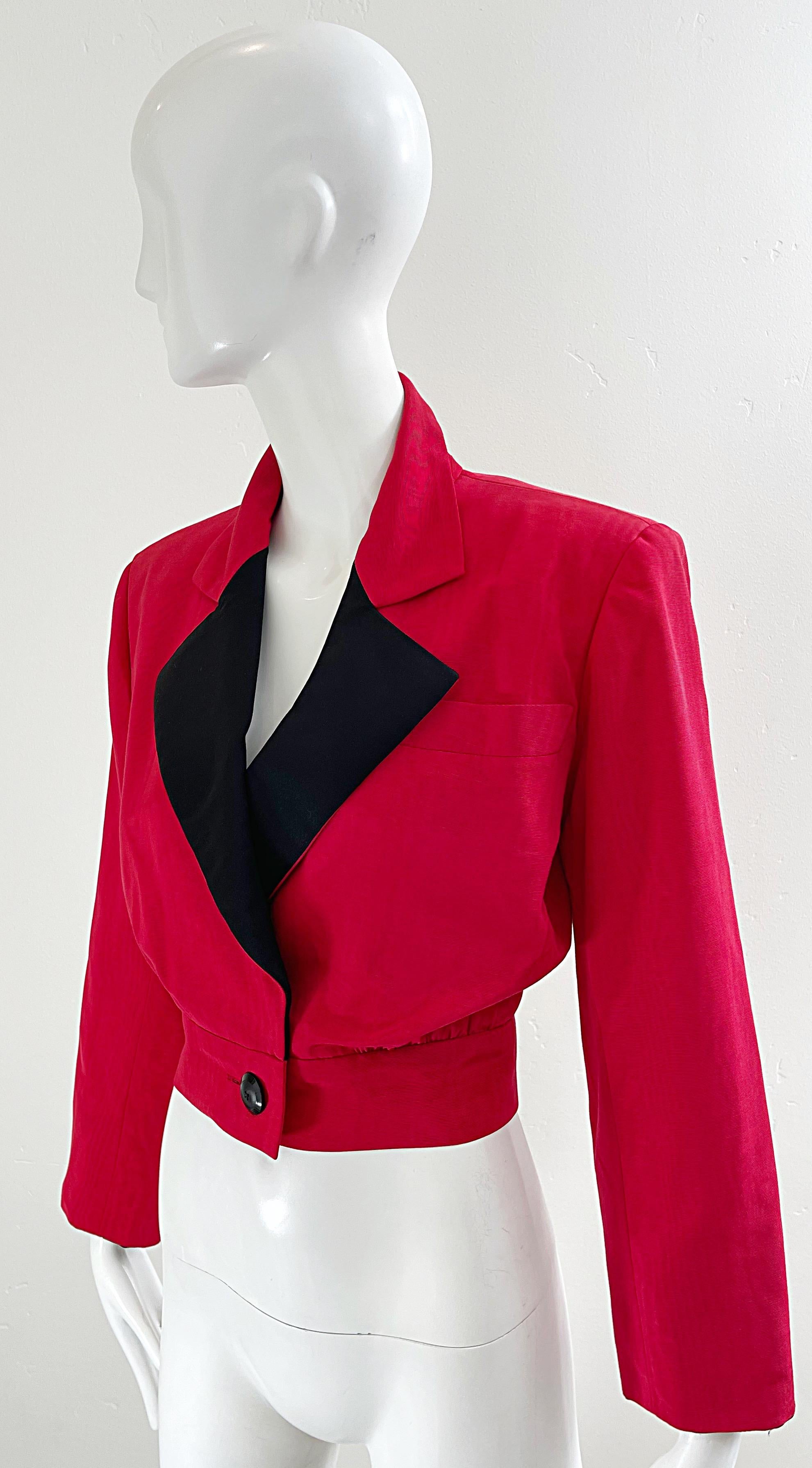 Yves Saint Laurent 1980s Red / Black Silk Cropped Vintage 80s Jacket Blazer YSL For Sale 1