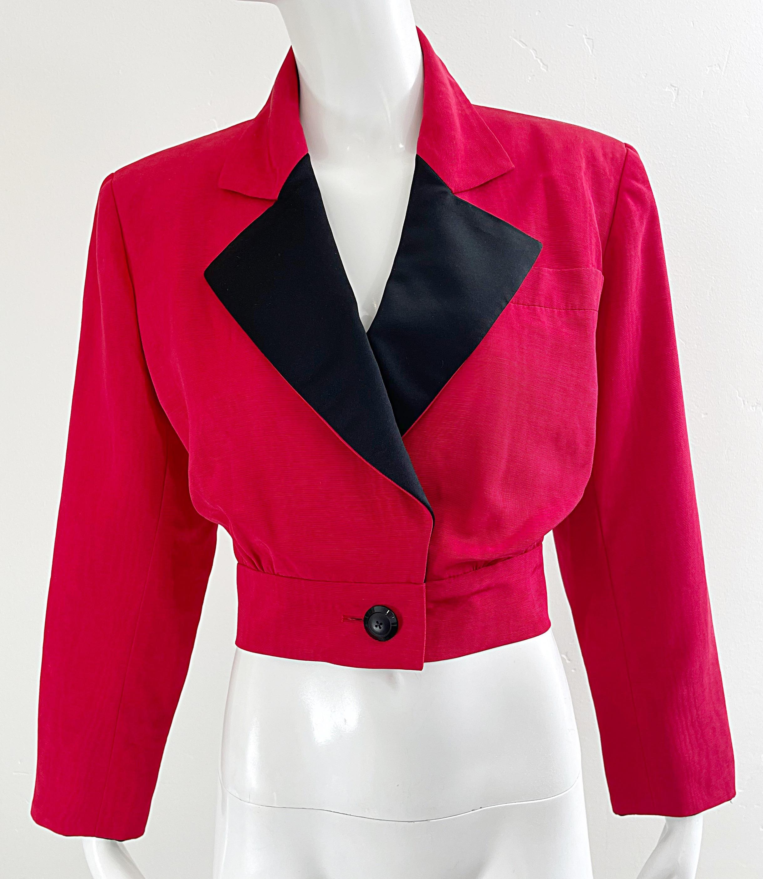 Yves Saint Laurent 1980s Red / Black Silk Cropped Vintage 80s Jacket Blazer YSL For Sale 2
