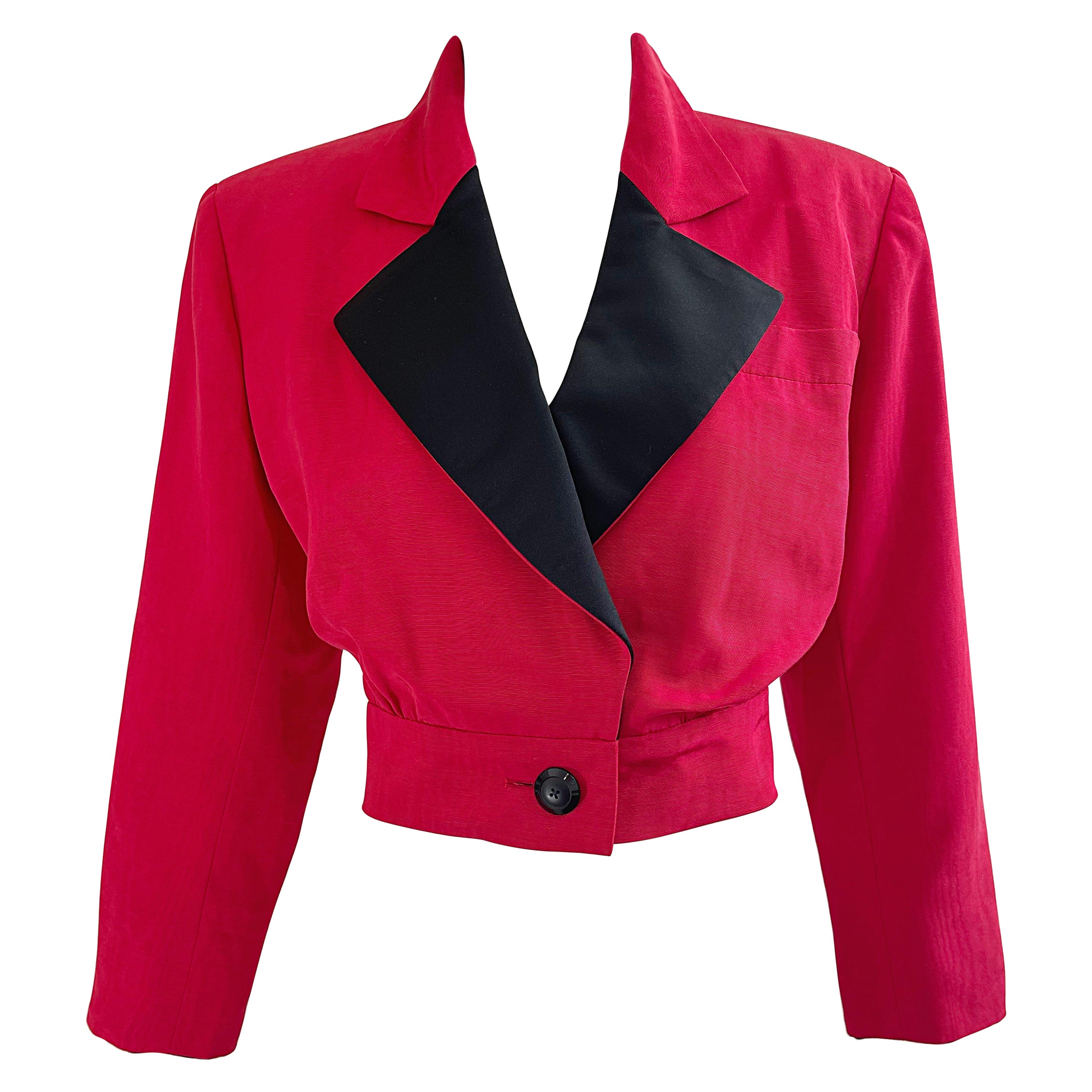 Yves Saint Laurent 1980 Rouge / Noir Soie Cropped Vintage 80s Jacket Blazer YSL