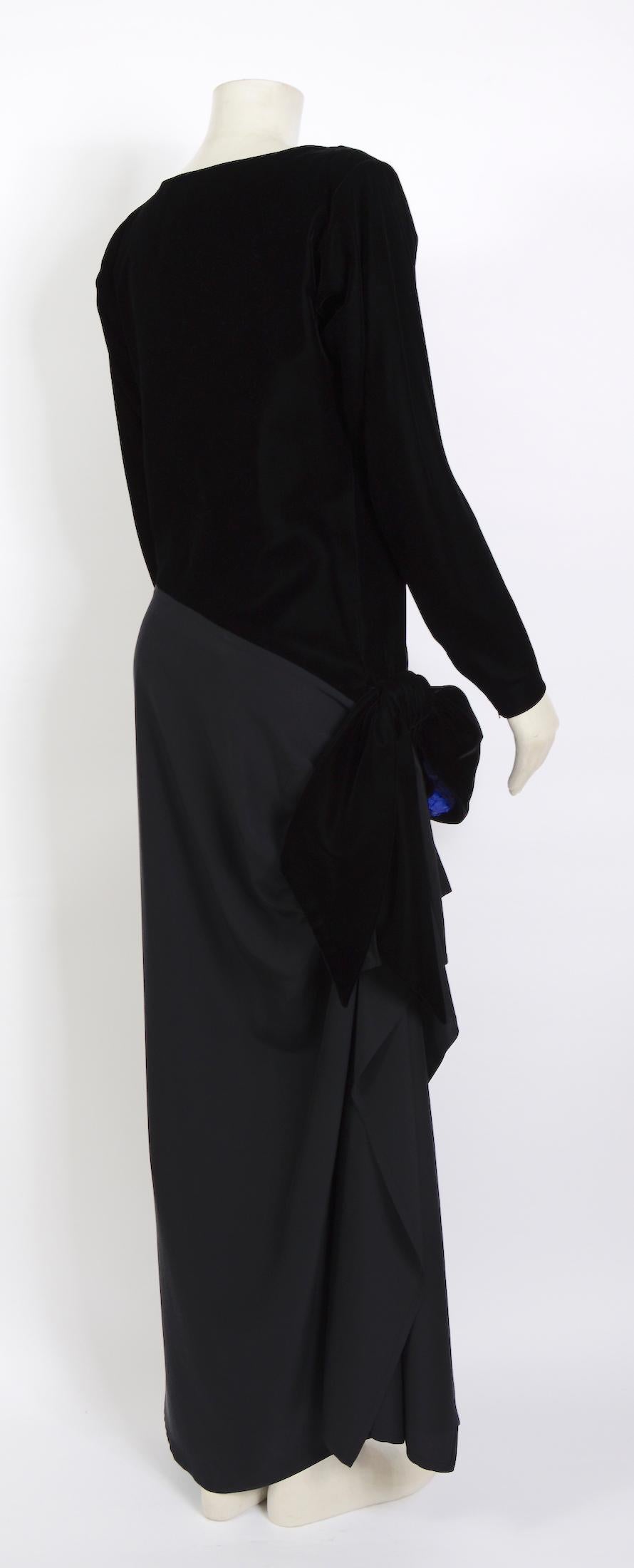 Black Yves Saint Laurent documented 1980s vintage black velvet and silk dress