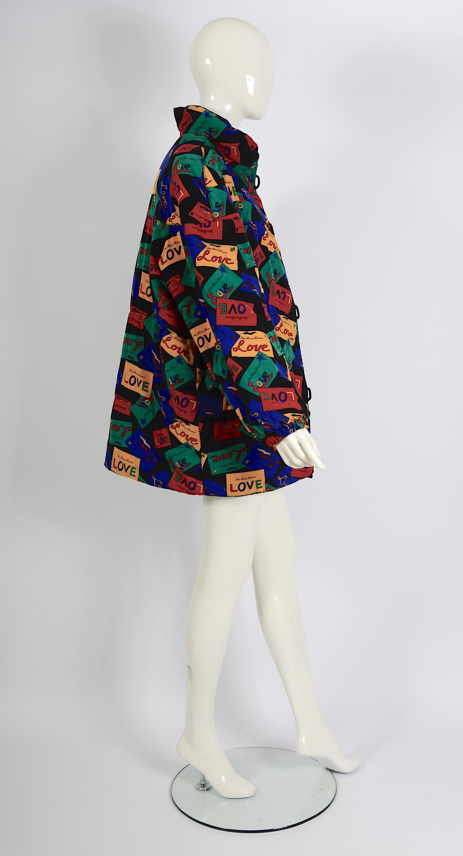 Yves Saint Laurent 1980s Vintage Signed Love Cards Print Reversible Puffer Coat For Sale 6