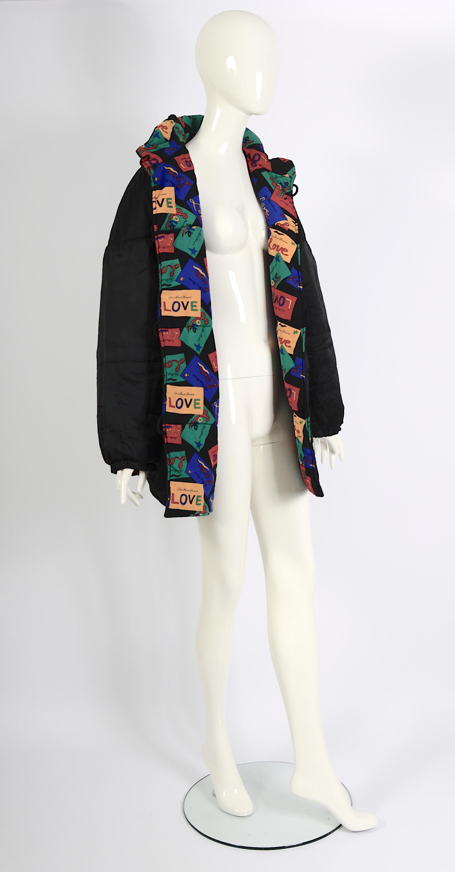 Yves Saint Laurent 1980s Vintage Signed Love Cards Print Reversible Puffer Coat For Sale 7