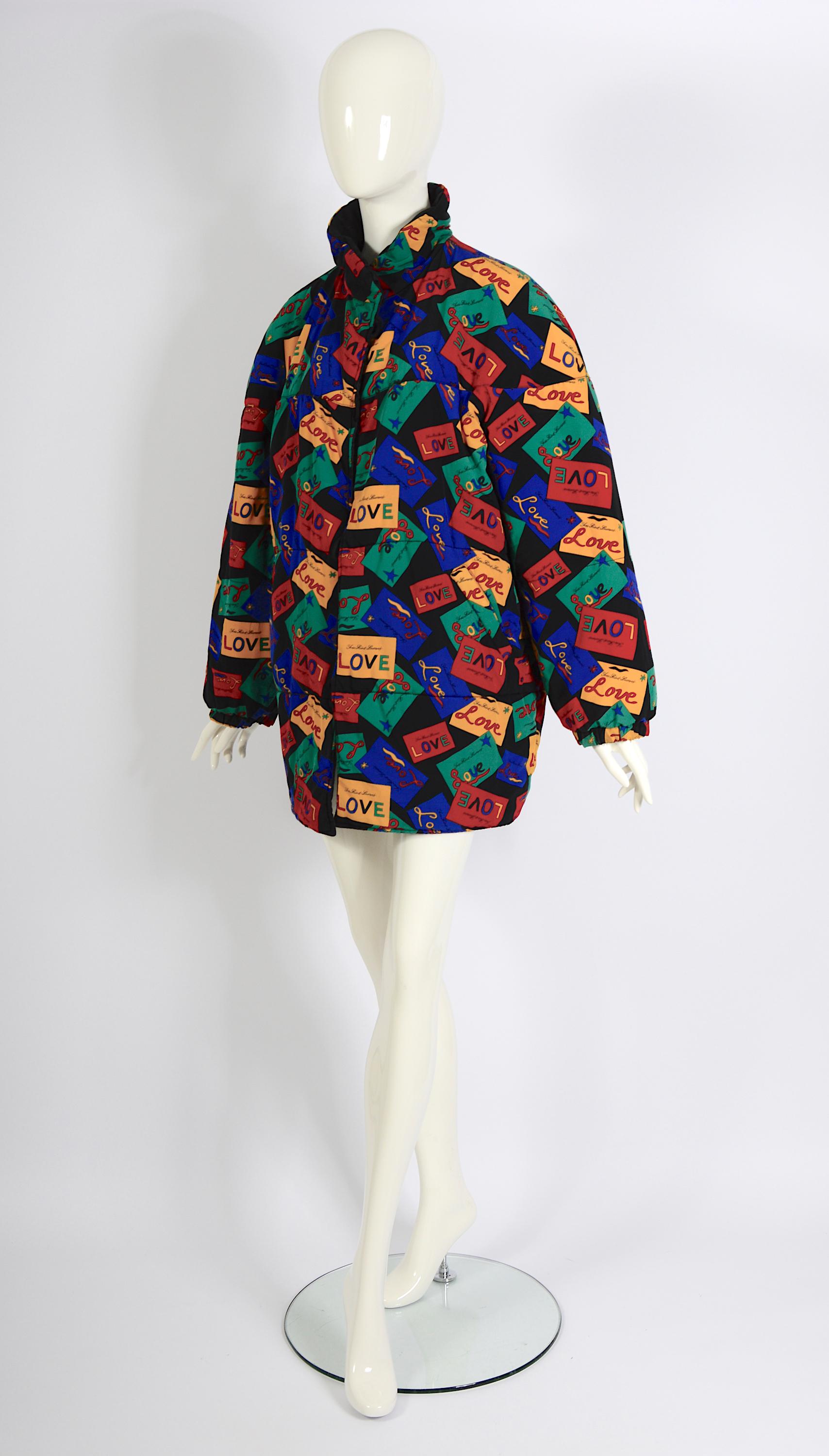 Yves Saint Laurent 1980s Vintage Signed Love Cards Print Reversible Puffer Coat For Sale 8