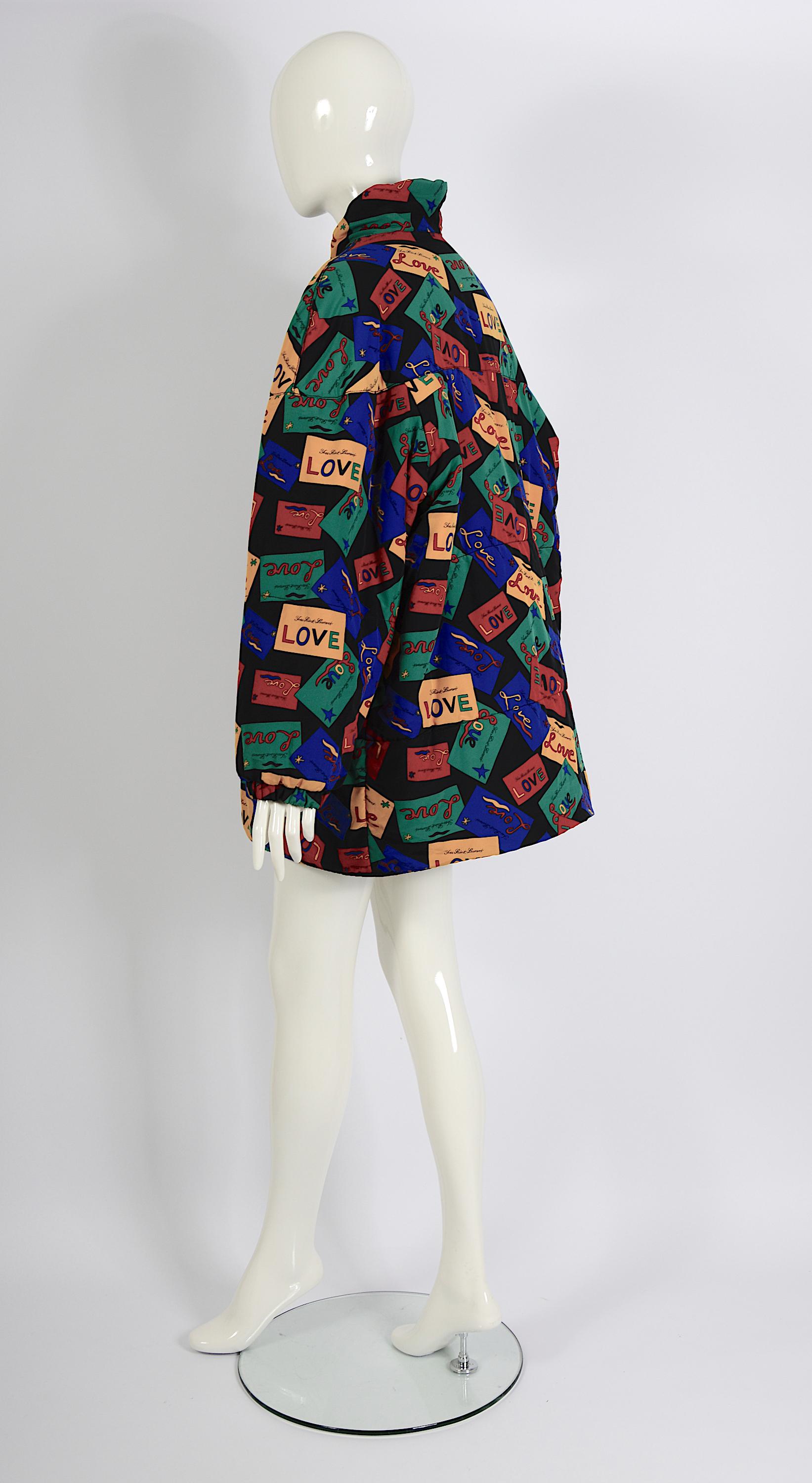 Yves Saint Laurent 1980s Vintage Signed Love Cards Print Reversible Puffer Coat For Sale 9