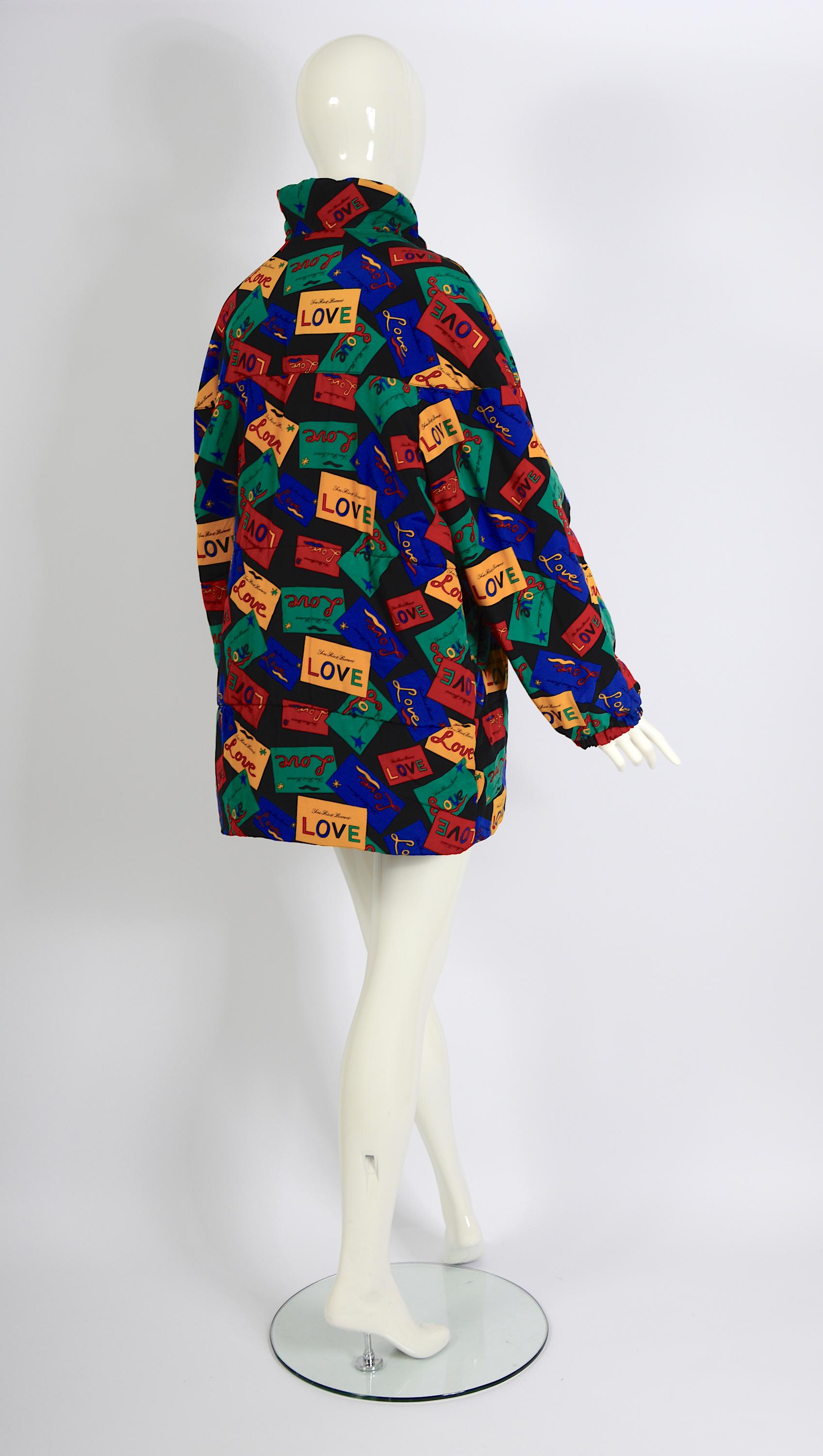 Yves Saint Laurent 1980s Vintage Signed Love Cards Print Reversible Puffer Coat For Sale 10