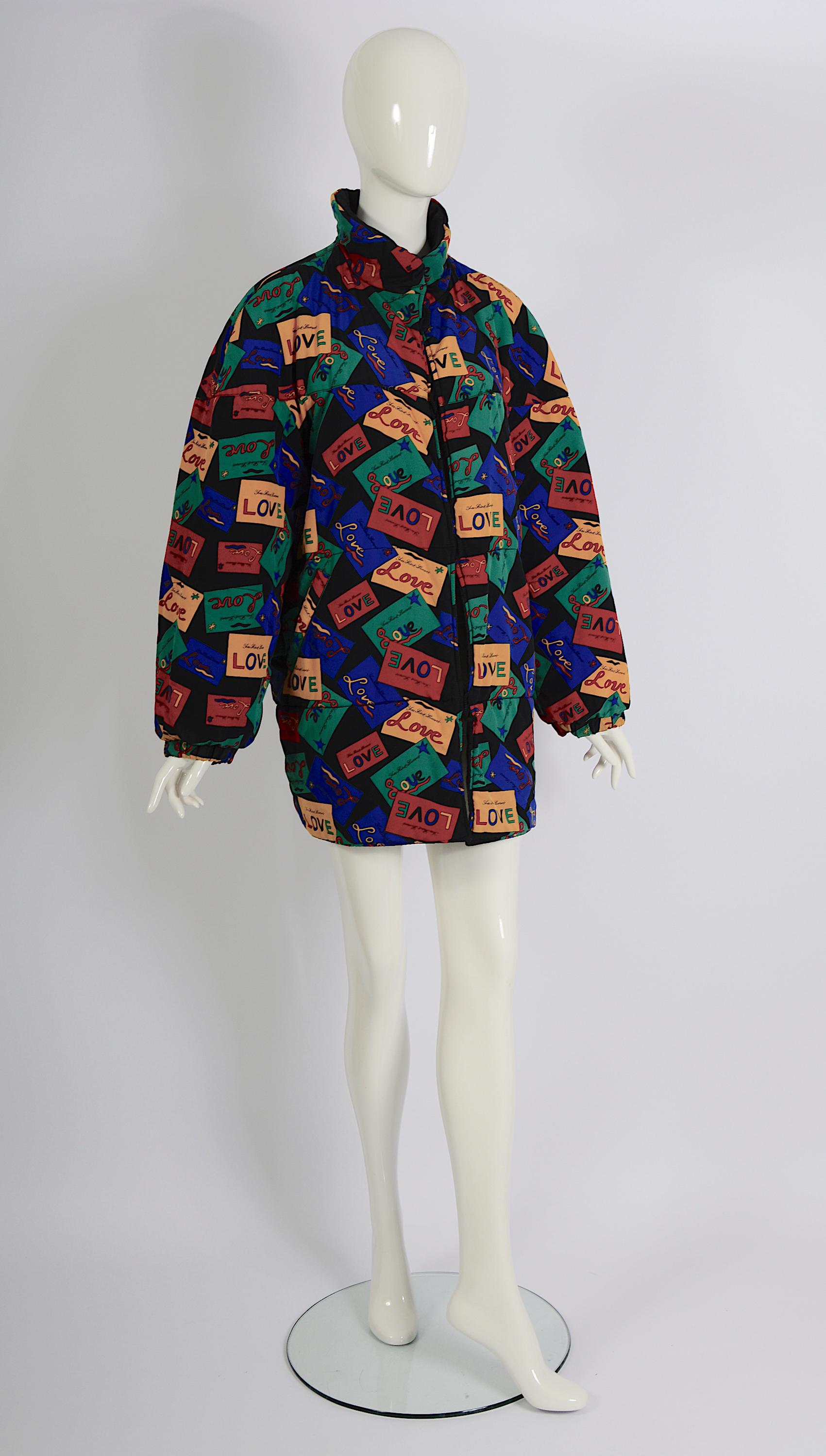 Yves Saint Laurent 1980s Vintage Signed Love Cards Print Reversible Puffer Coat For Sale 11