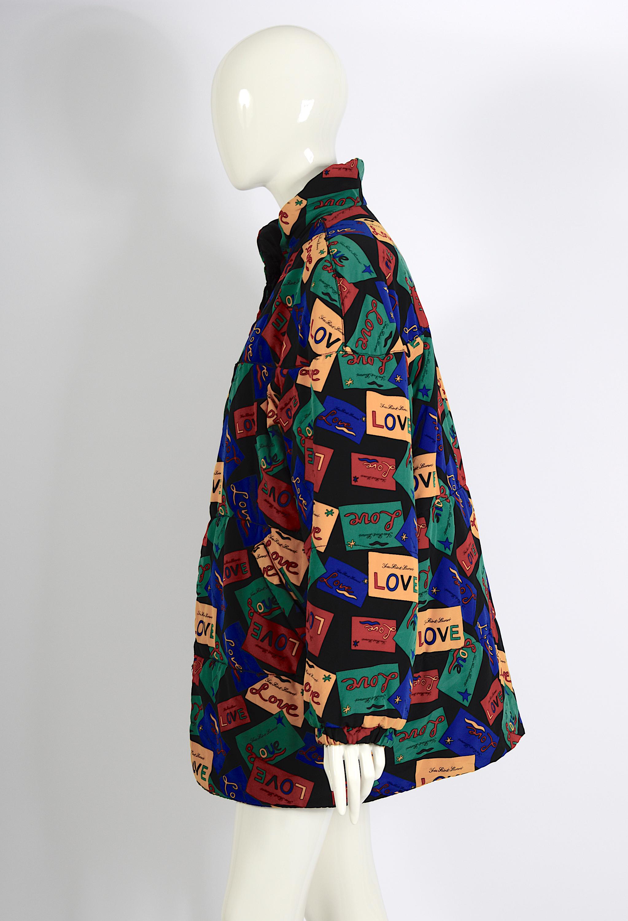 Black Yves Saint Laurent 1980s Vintage Signed Love Cards Print Reversible Puffer Coat For Sale
