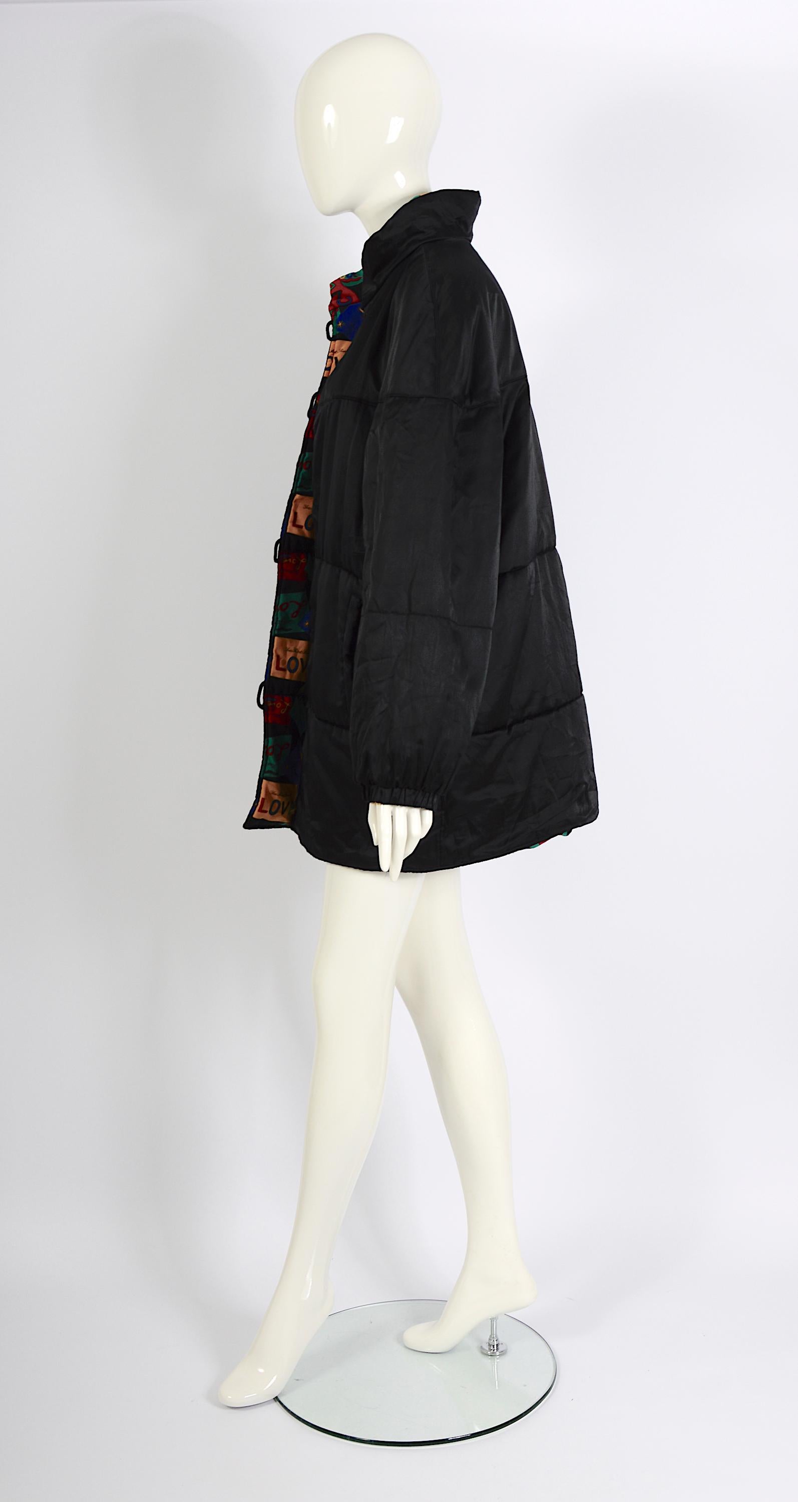 Yves Saint Laurent 1980s Vintage Signed Love Cards Print Reversible Puffer Coat For Sale 1
