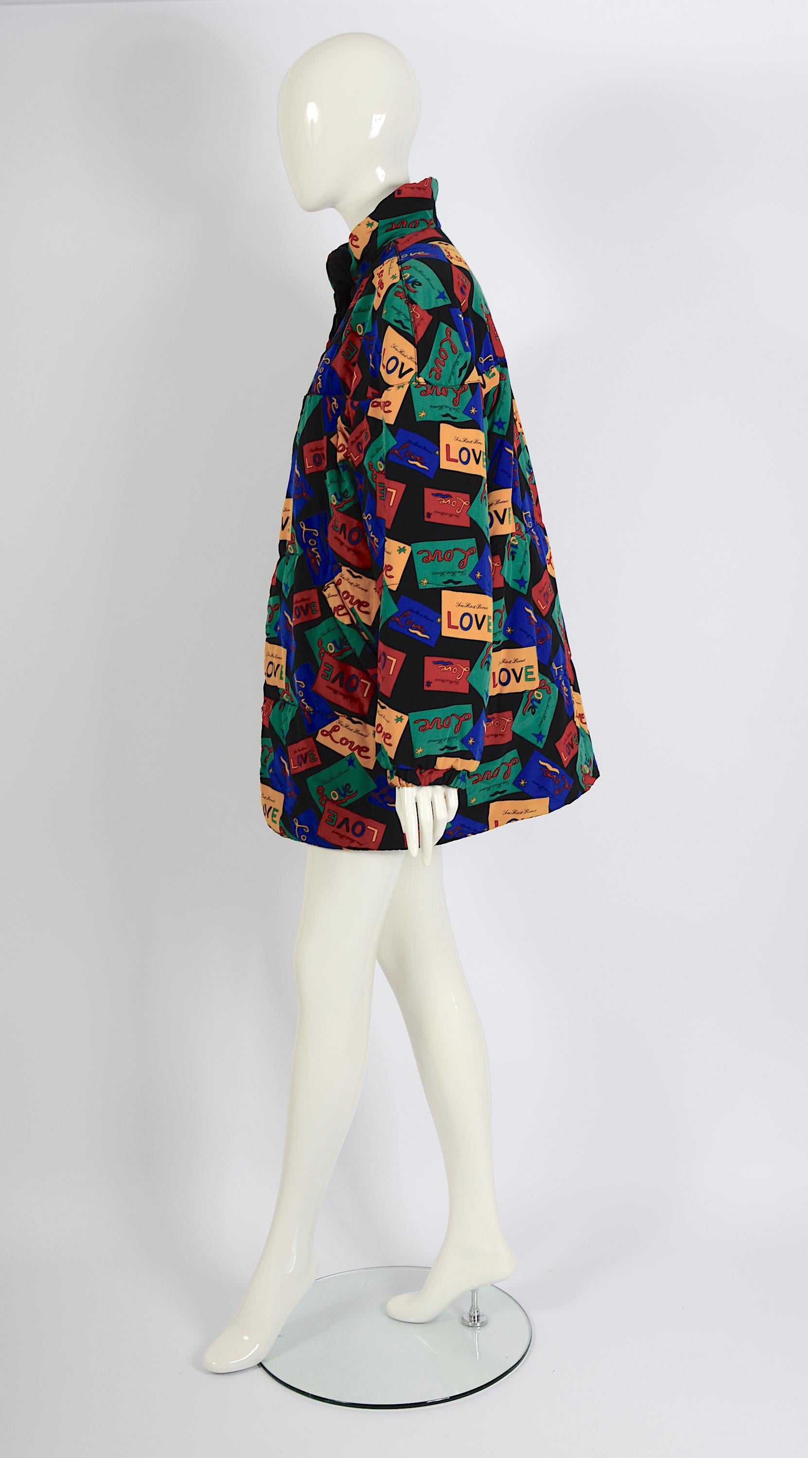Yves Saint Laurent 1980s Vintage Signed Love Cards Print Reversible Puffer Coat For Sale 2