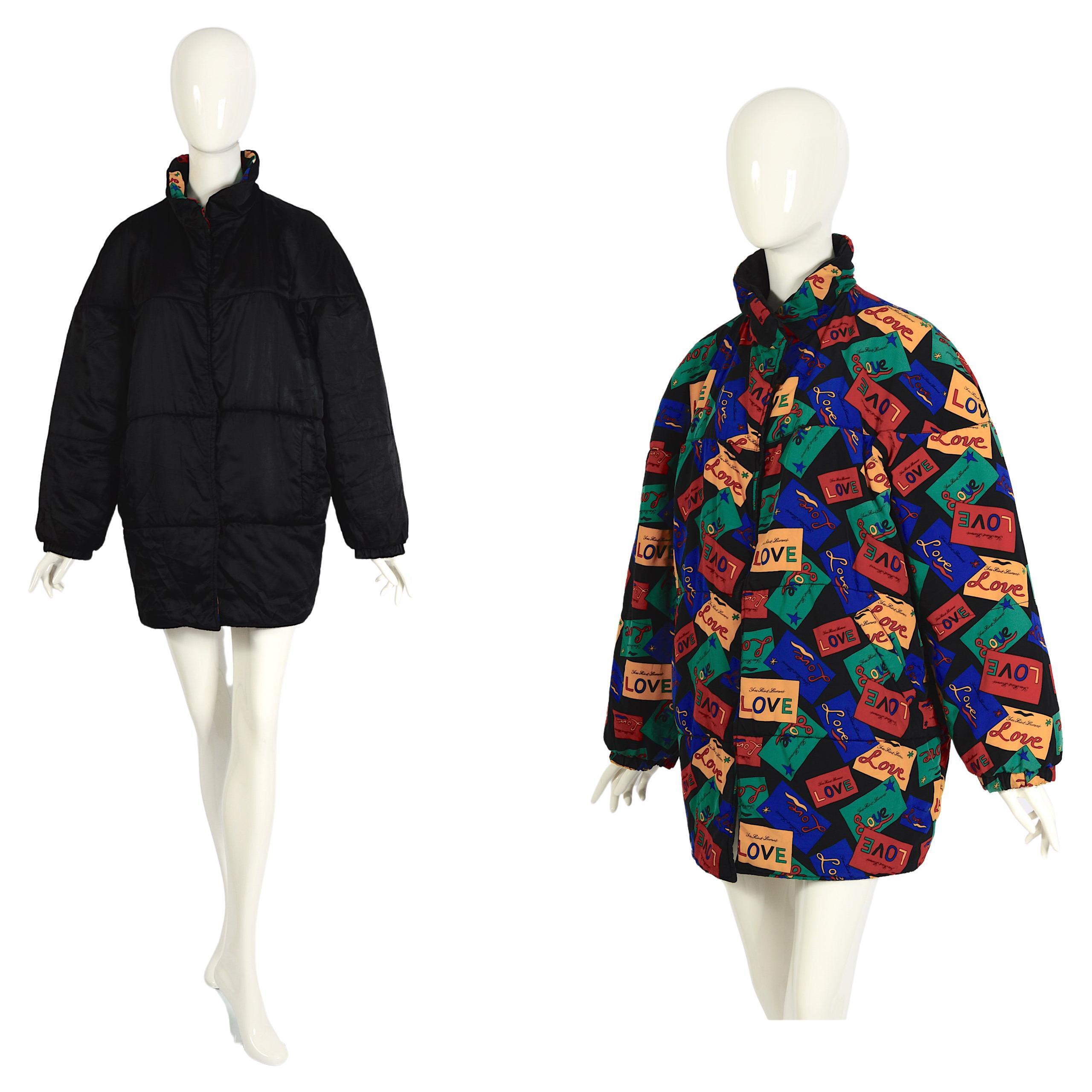 Yves Saint Laurent 1980s Vintage Signed Love Cards Print Reversible Puffer Coat For Sale