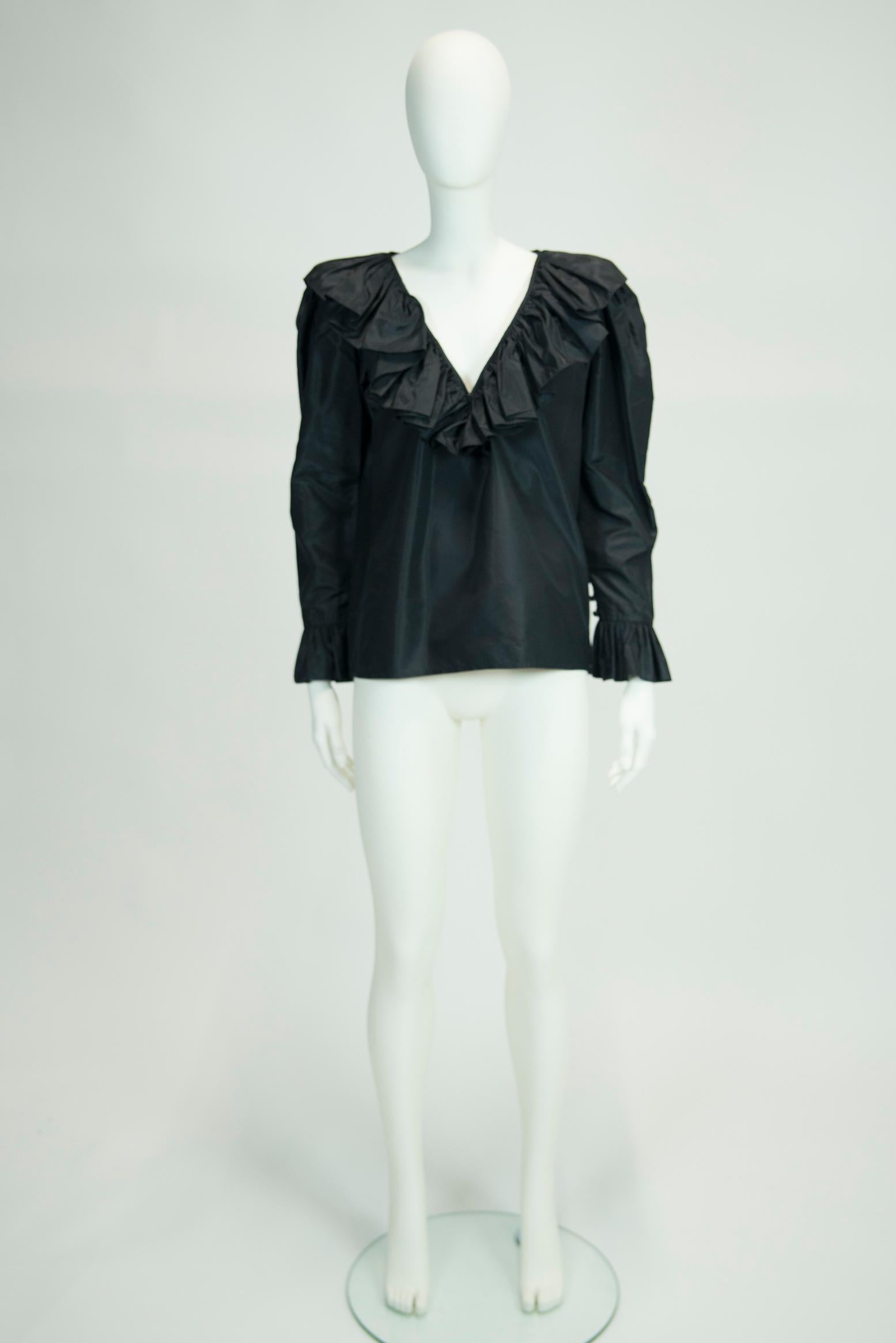 Yves Saint Laurent 1982-1983 AD Campaign Ruffled Silk-Taffeta Top Blouse For Sale 1