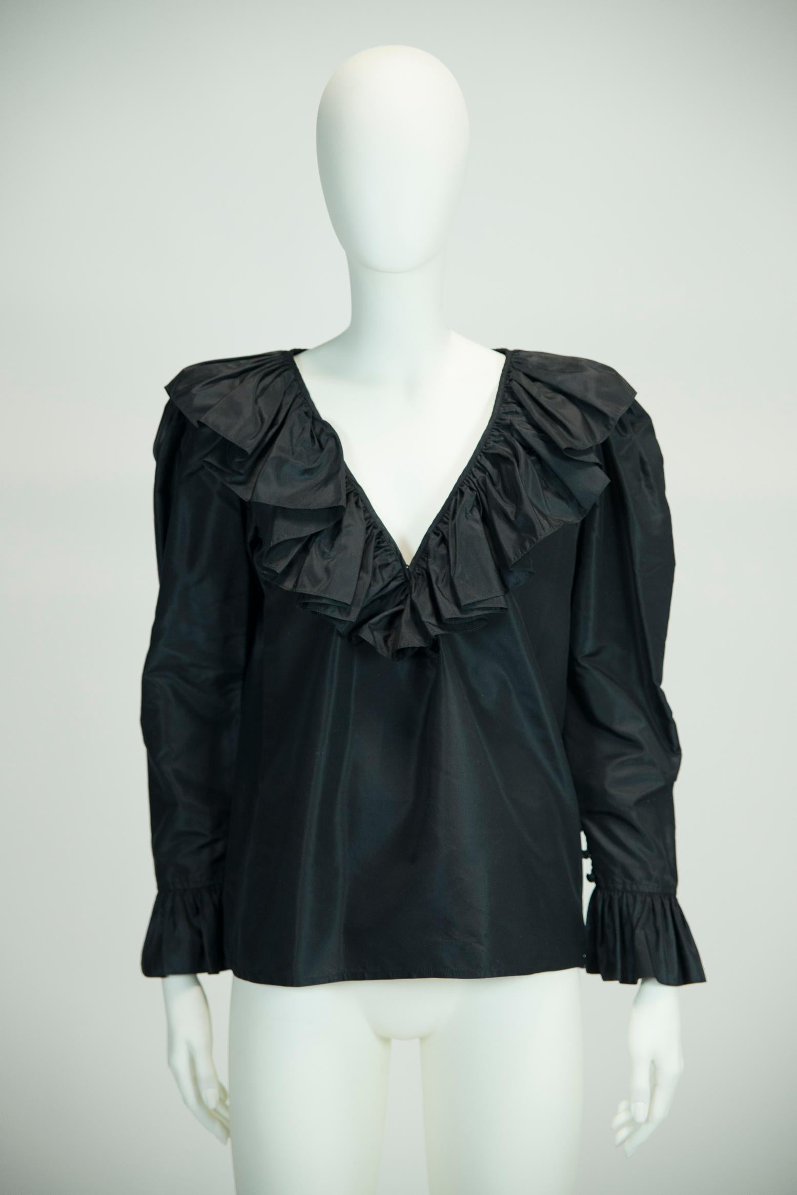 Yves Saint Laurent 1982-1983 AD Campaign Ruffled Silk-Taffeta Top Blouse For Sale 2