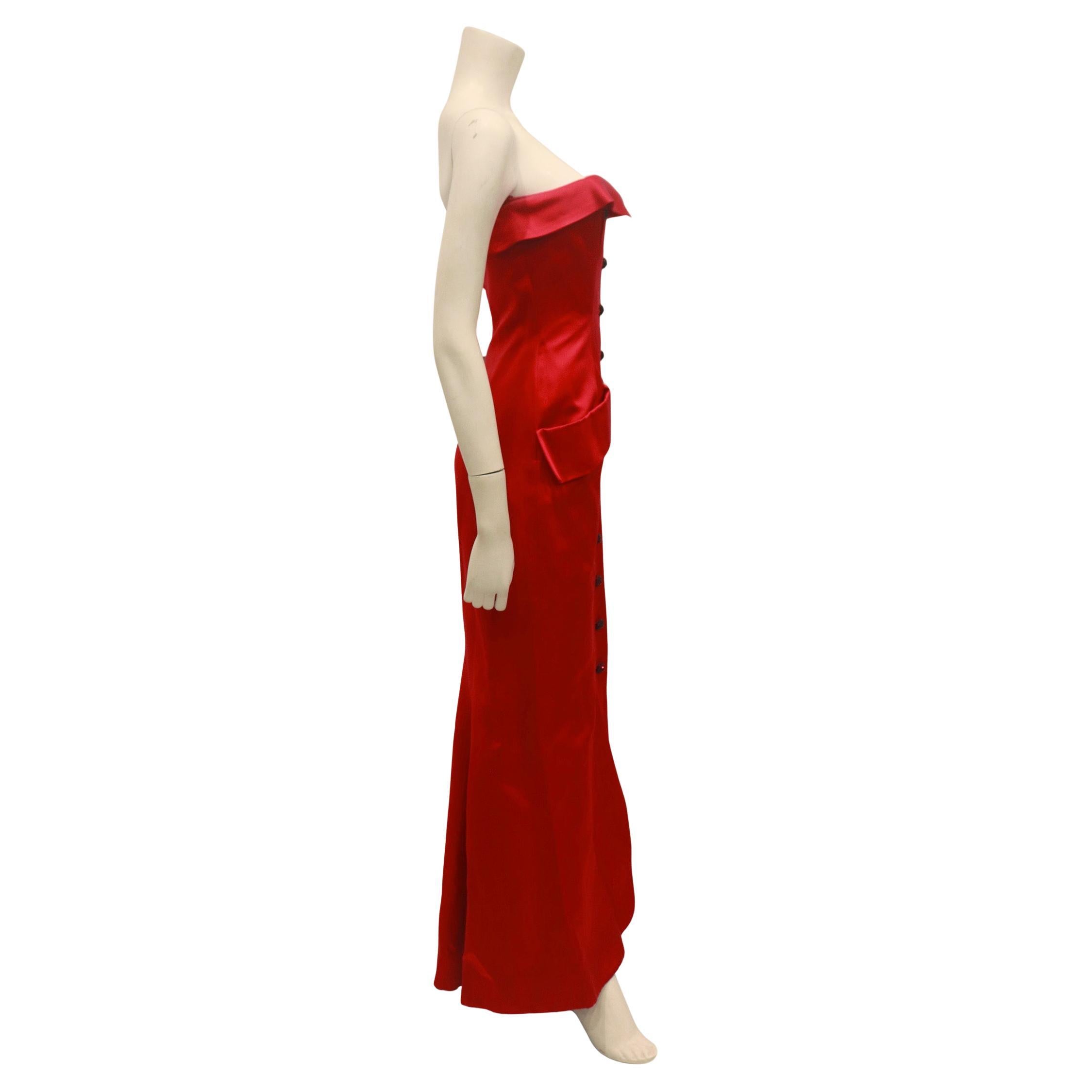 YVES SAINT LAURENT 1983 Red Strapless Button Front Evening Gown with Pockets 8