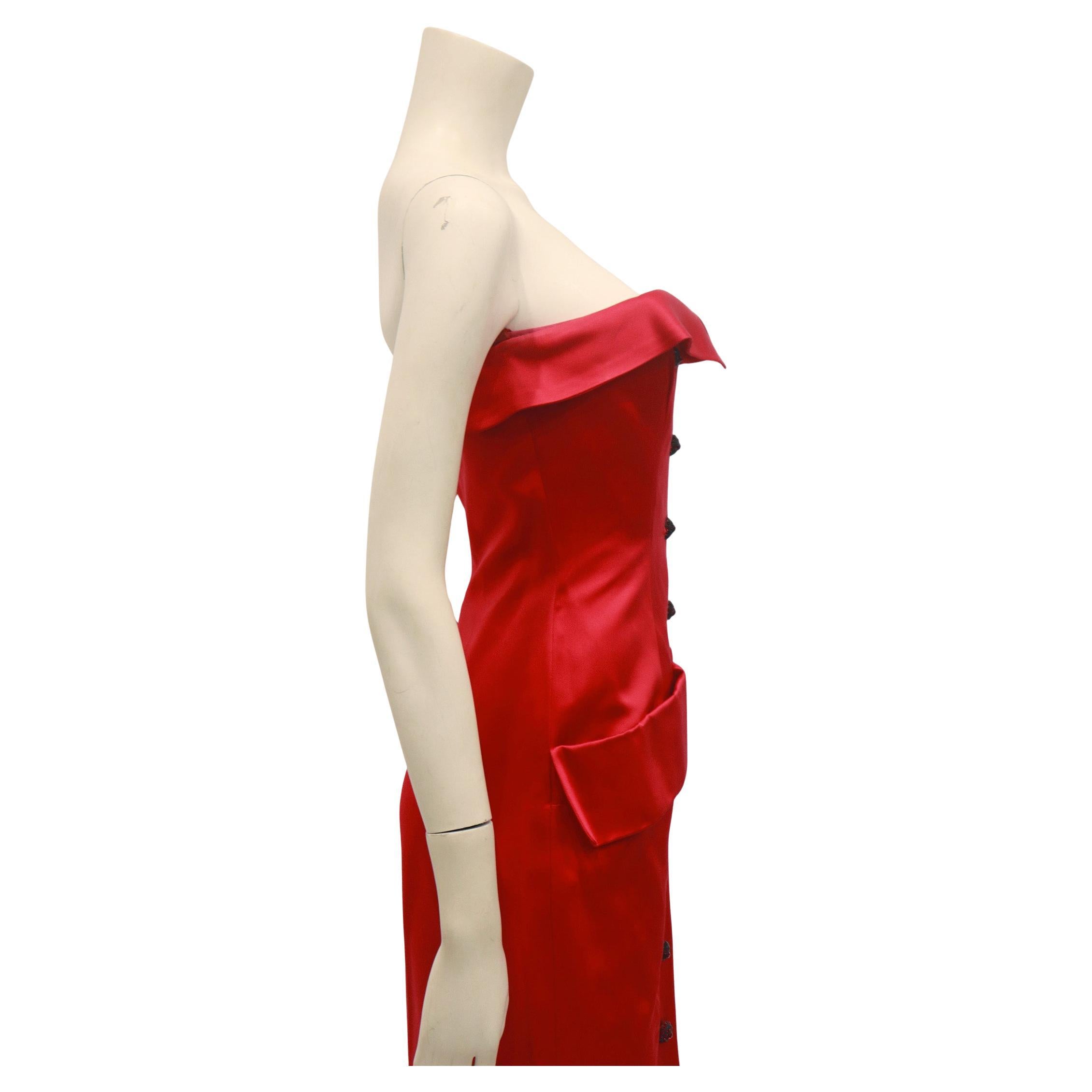 YVES SAINT LAURENT 1983 Red Strapless Button Front Evening Gown with Pockets 9