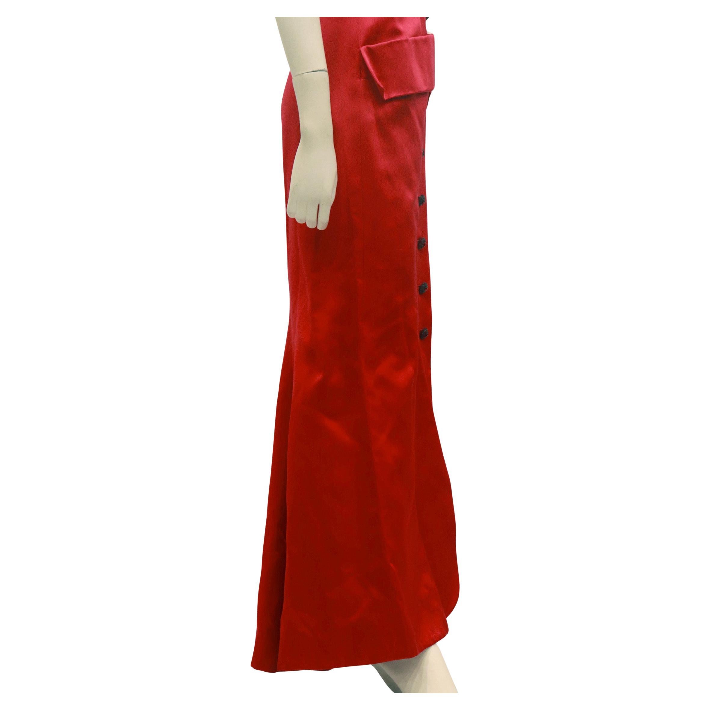 YVES SAINT LAURENT 1983 Red Strapless Button Front Evening Gown with Pockets 10