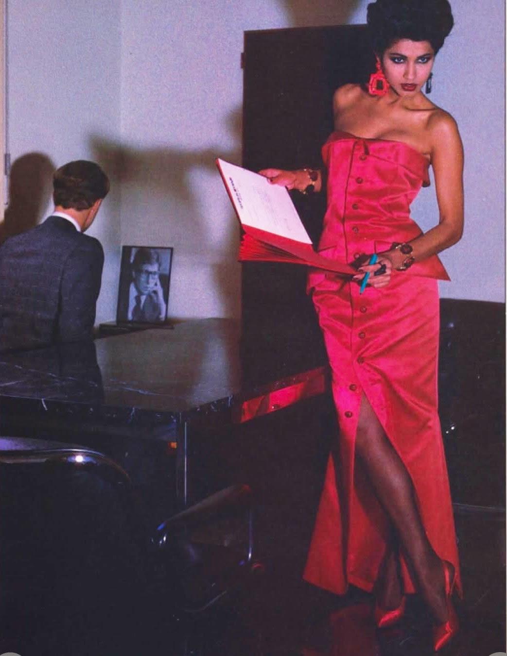 YVES SAINT LAURENT 1983 Red Strapless Button Front Evening Gown with Pockets In Excellent Condition In Los Angeles, CA