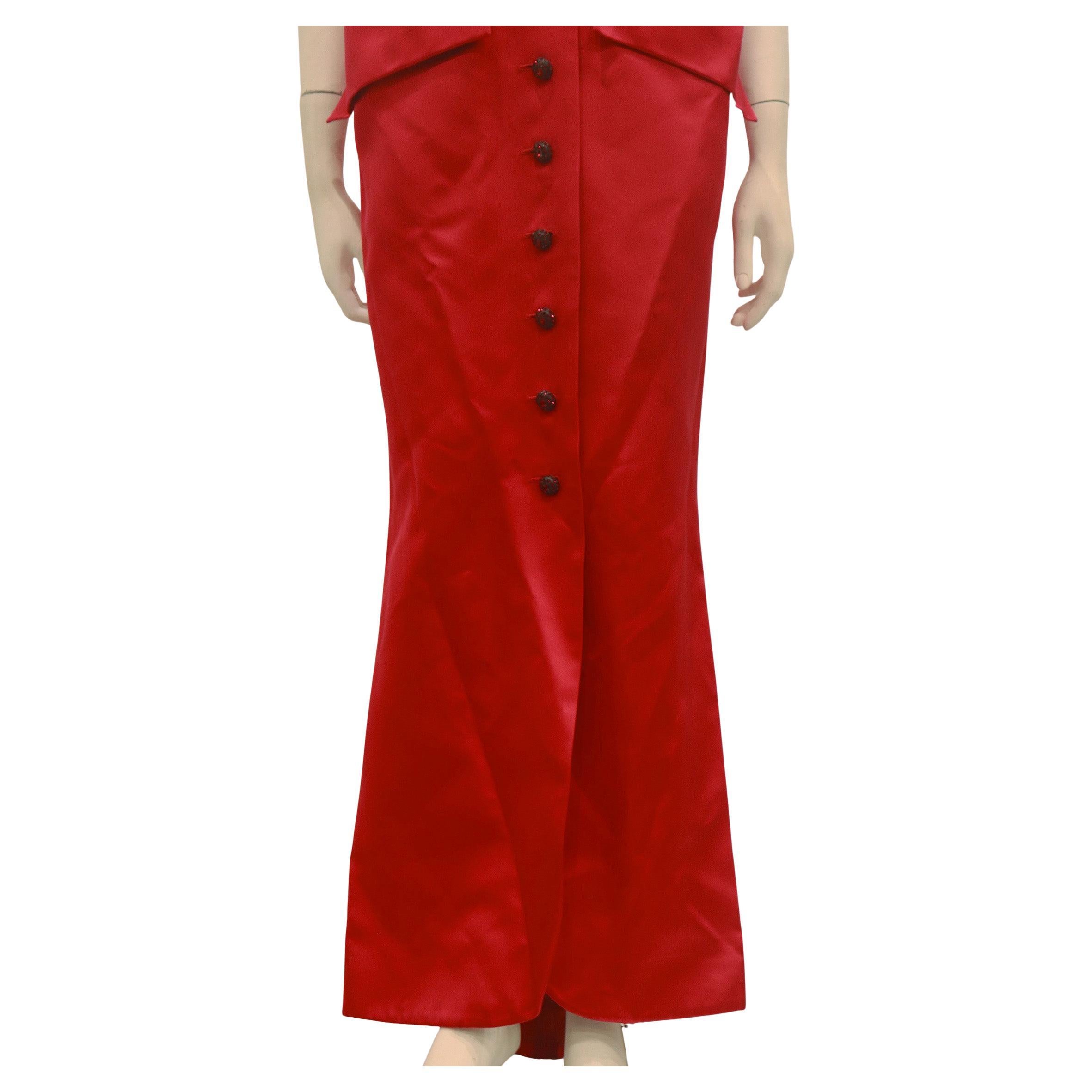 Women's YVES SAINT LAURENT 1983 Red Strapless Button Front Evening Gown with Pockets