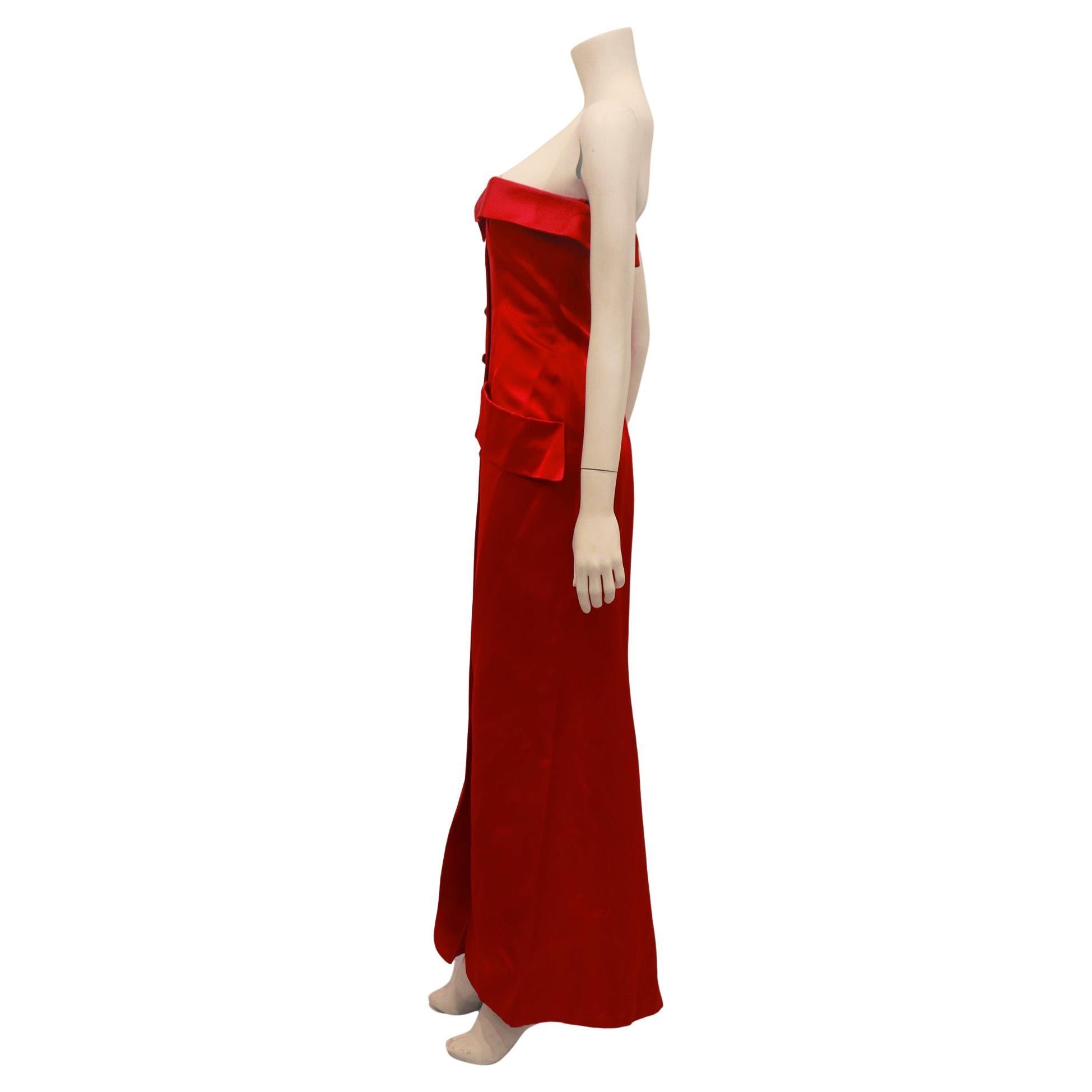 YVES SAINT LAURENT 1983 Red Strapless Button Front Evening Gown with Pockets 1