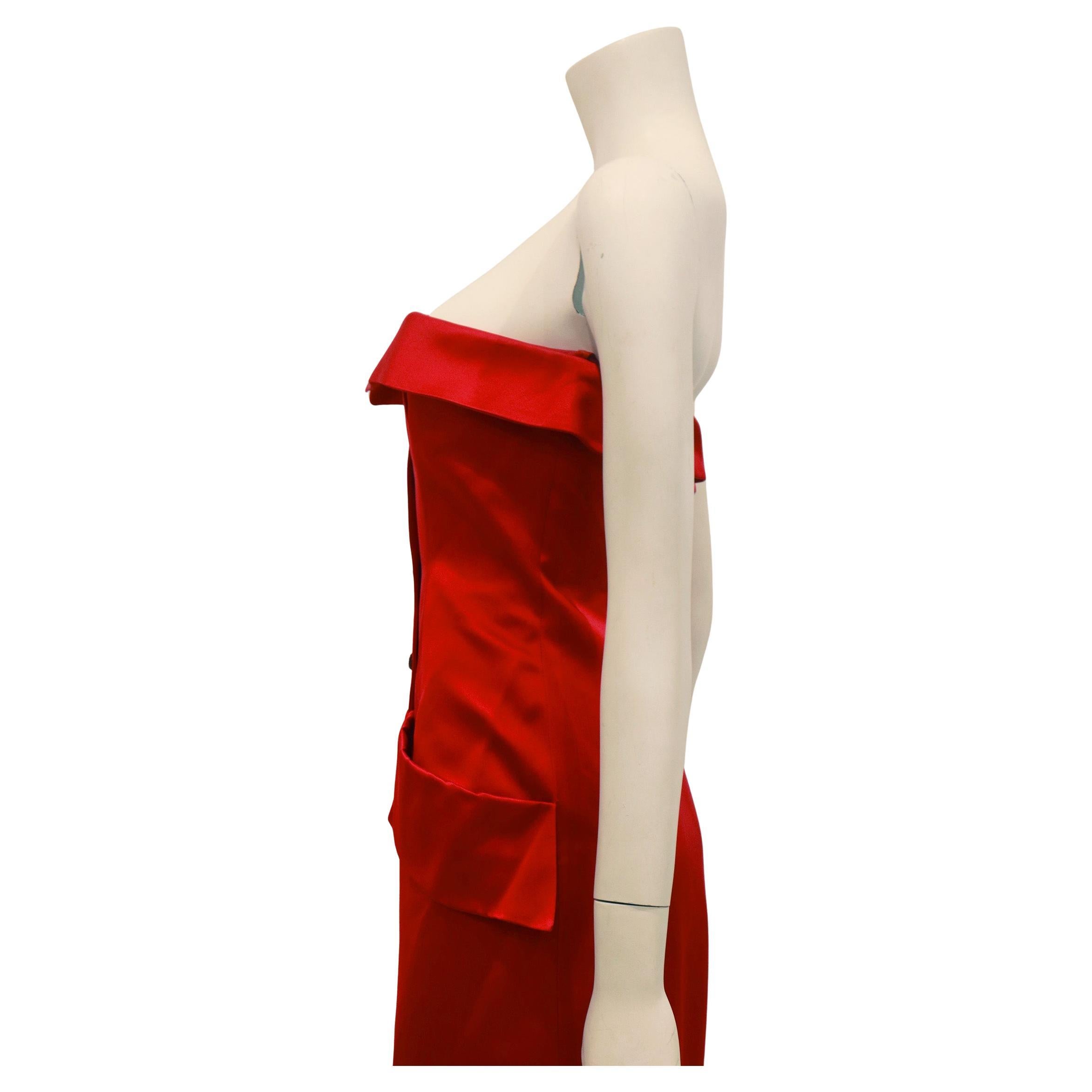 YVES SAINT LAURENT 1983 Red Strapless Button Front Evening Gown with Pockets 2