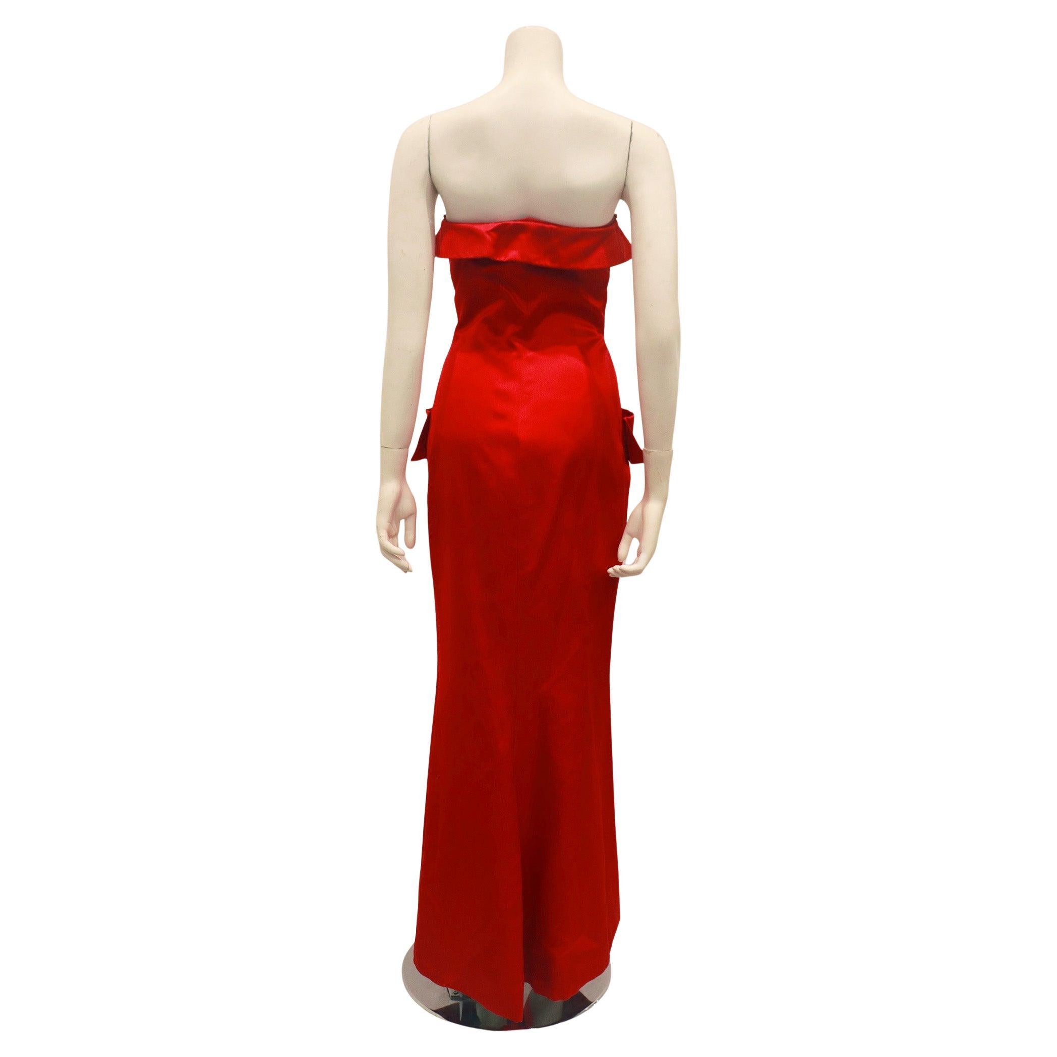 YVES SAINT LAURENT 1983 Red Strapless Button Front Evening Gown with Pockets 4