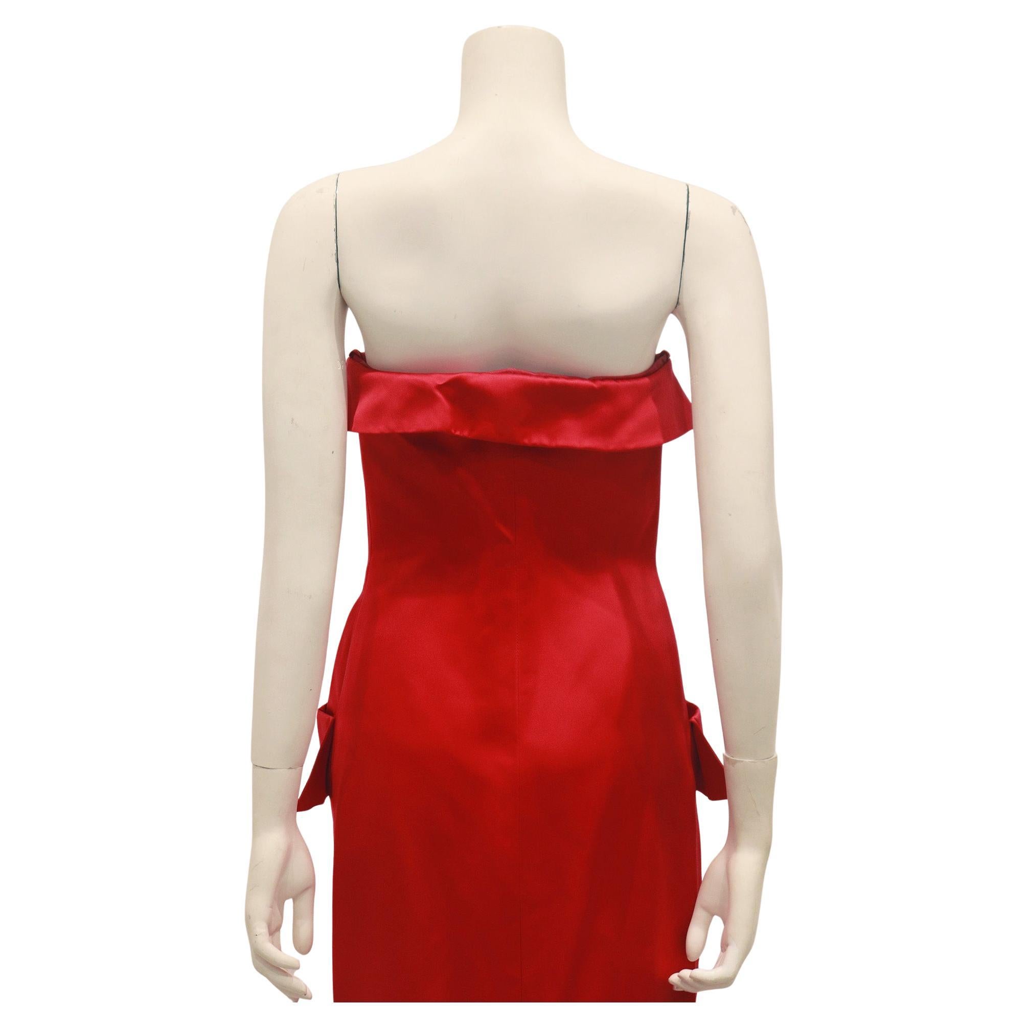 YVES SAINT LAURENT 1983 Red Strapless Button Front Evening Gown with Pockets 5