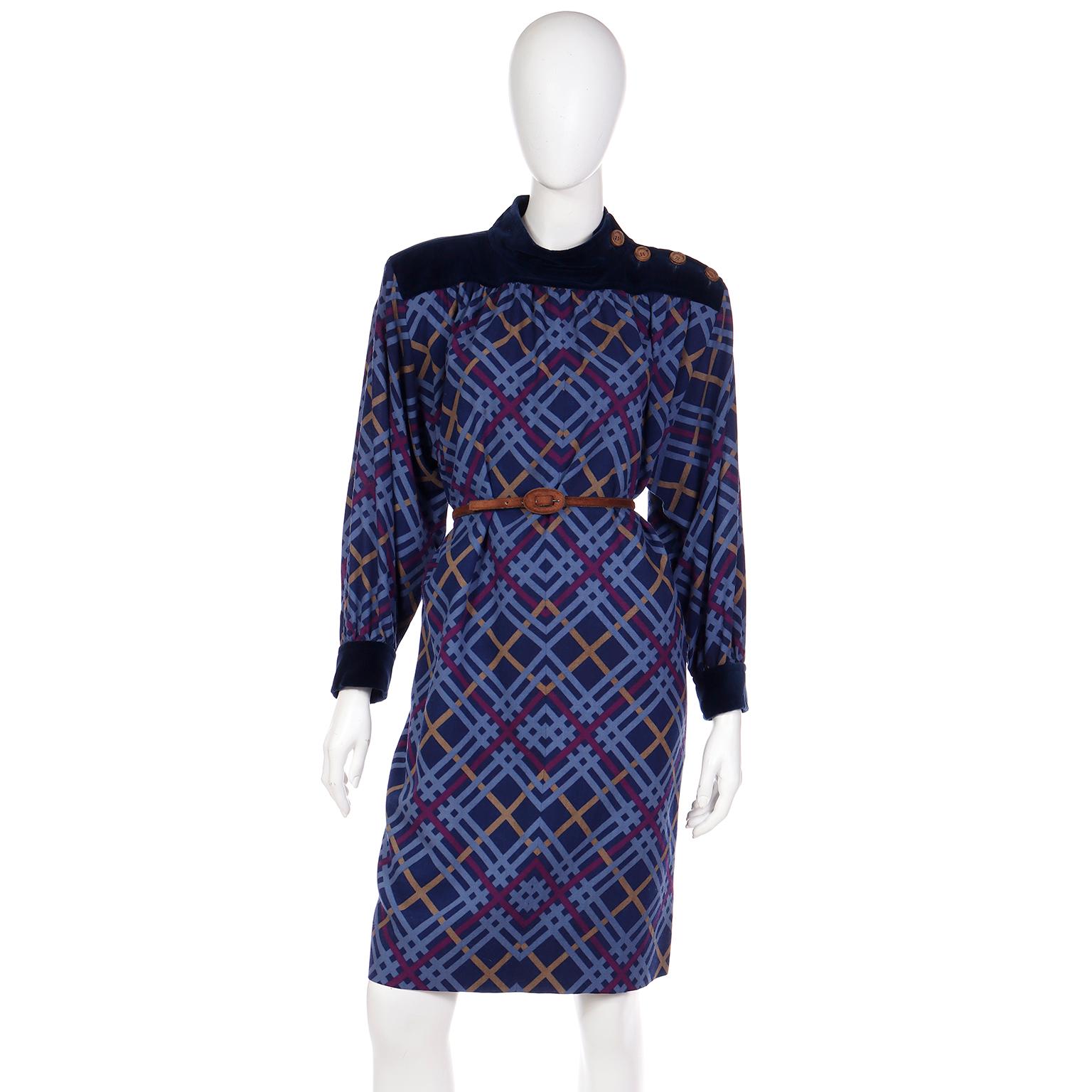 Yves Saint Laurent 1985 Blue Plaid Wool Challis Runway Dress In Excellent Condition For Sale In Portland, OR