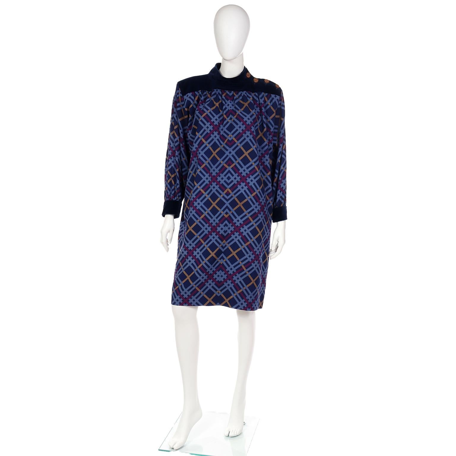 Women's Yves Saint Laurent 1985 Blue Plaid Wool Challis Runway Dress For Sale