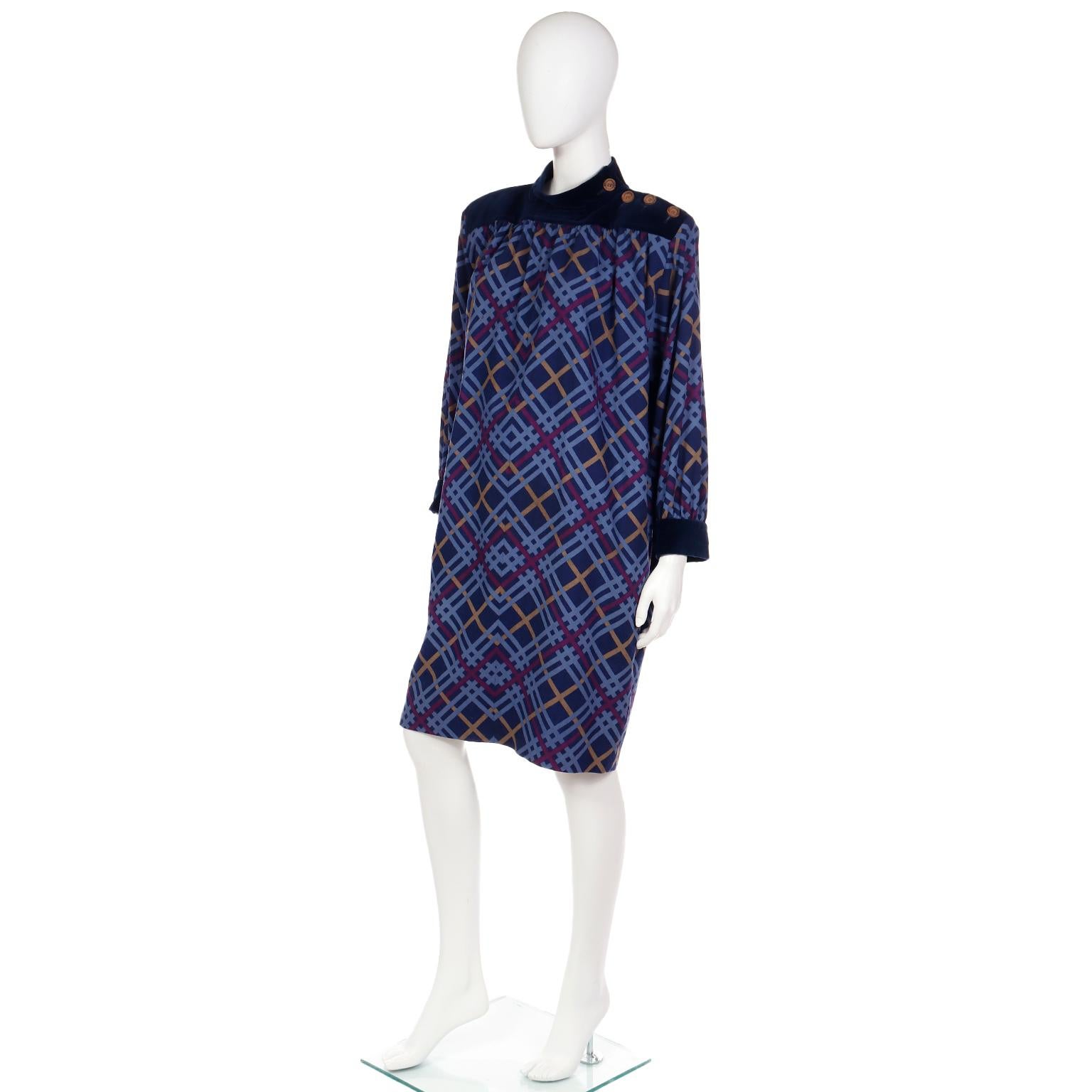 Yves Saint Laurent 1985 Blue Plaid Wool Challis Runway Dress For Sale 1