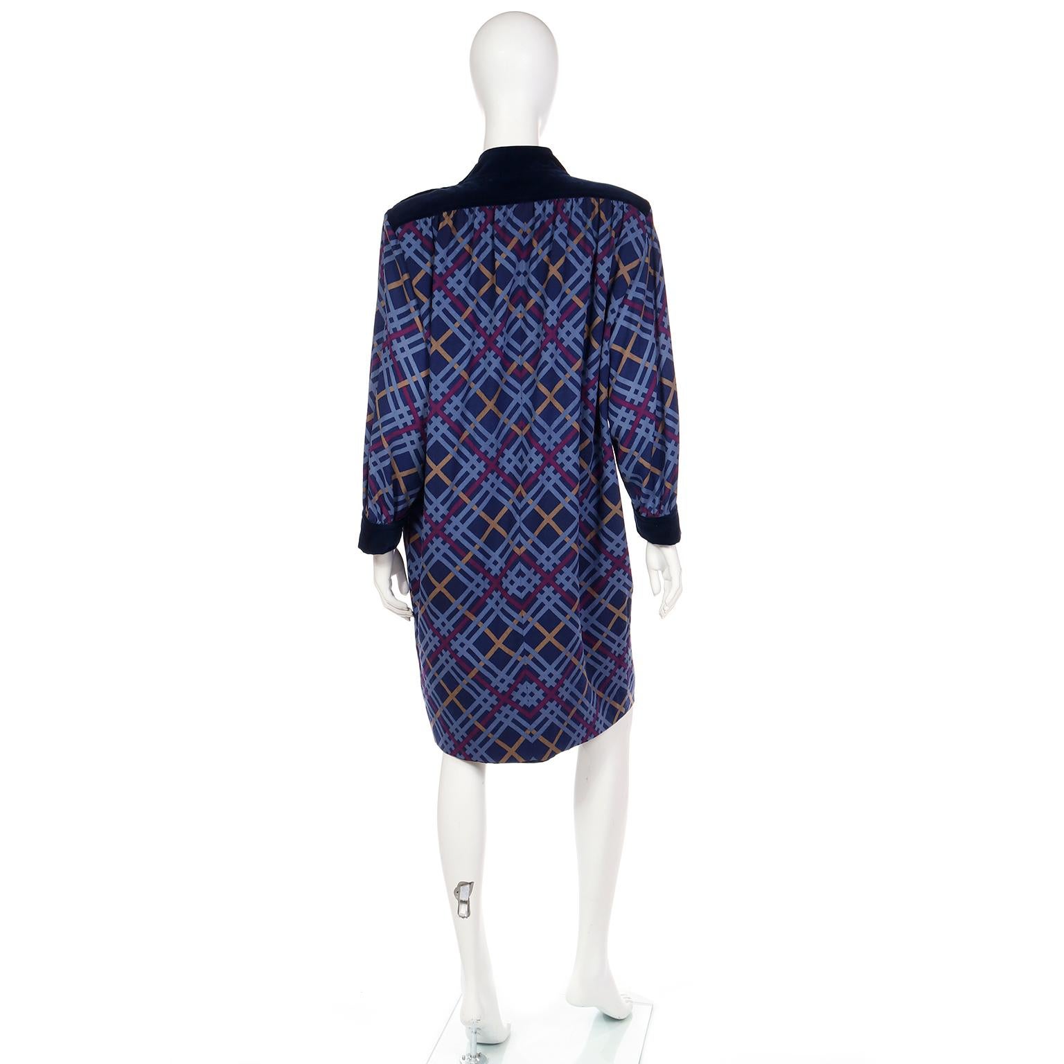 Yves Saint Laurent 1985 Blue Plaid Wool Challis Runway Dress For Sale 2