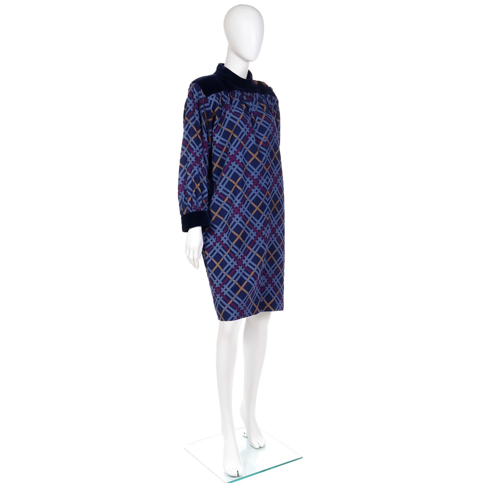 Yves Saint Laurent 1985 Blue Plaid Wool Challis Runway Dress For Sale 3