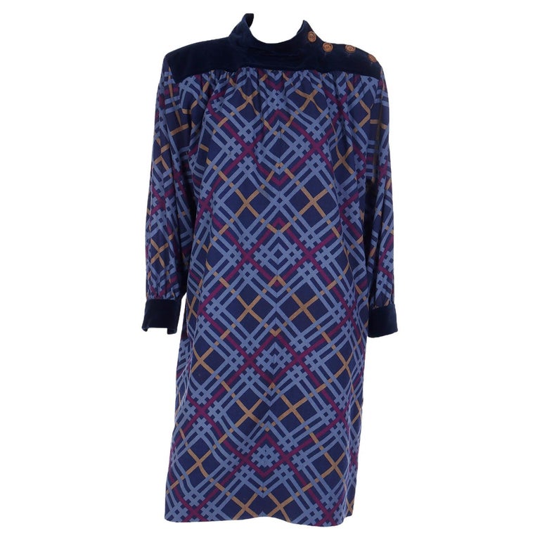 Yves Saint Laurent 1985 Blue Plaid Wool Challis Runway Dress For Sale ...