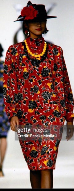 Yves Saint Laurent 1988 Runway Red Floral Silk Tie Neck Vintage 80s 1980s Dress