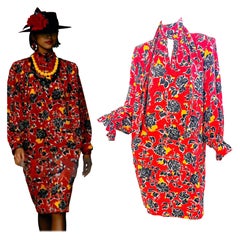 Yves Saint Laurent 1988 Runway Red Floral Silk Tie Neck Vintage 80s 1980s Dress