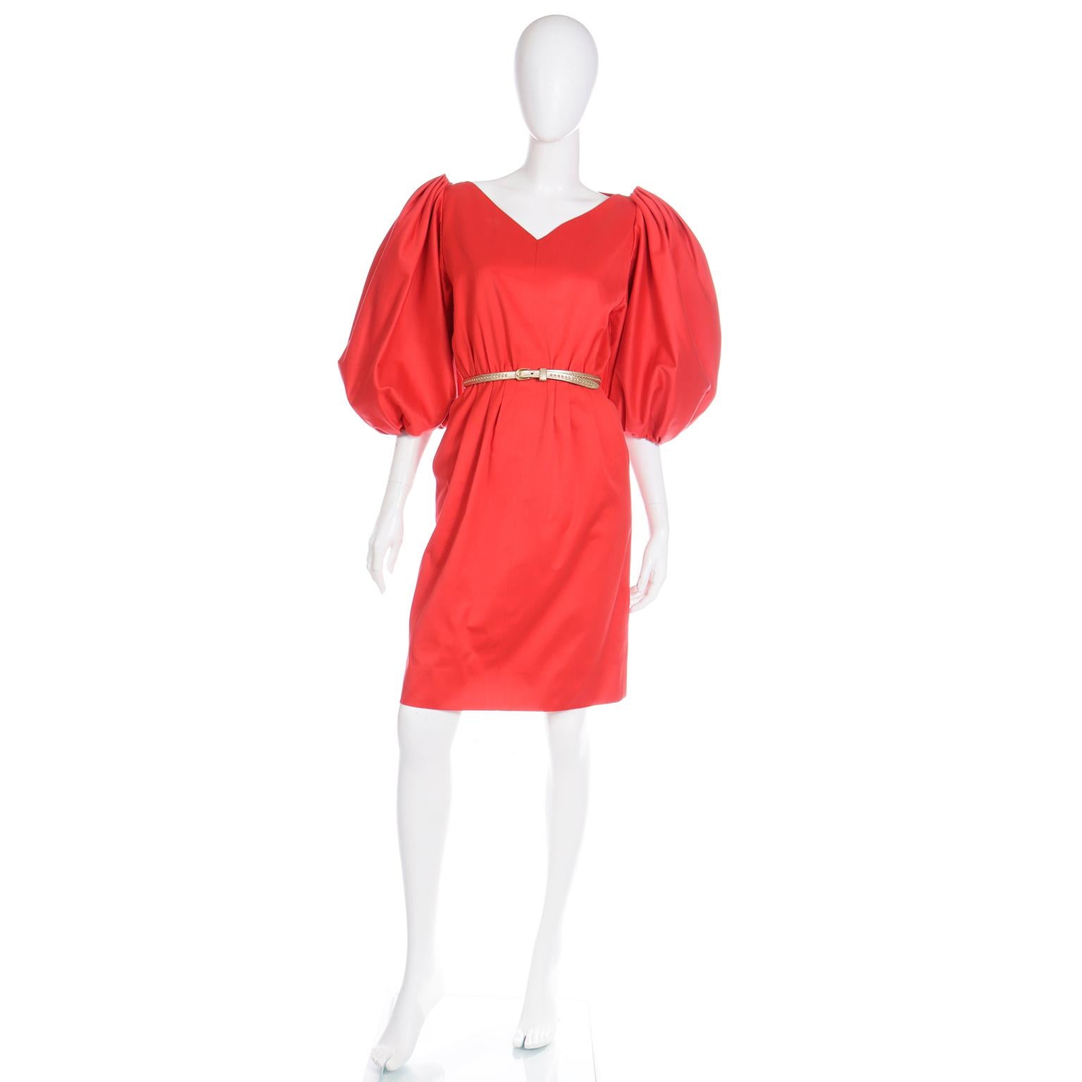Yves Saint Laurent 1989 Vintage Red Runway Dress with Puff Statement Sleeves In Good Condition In Portland, OR