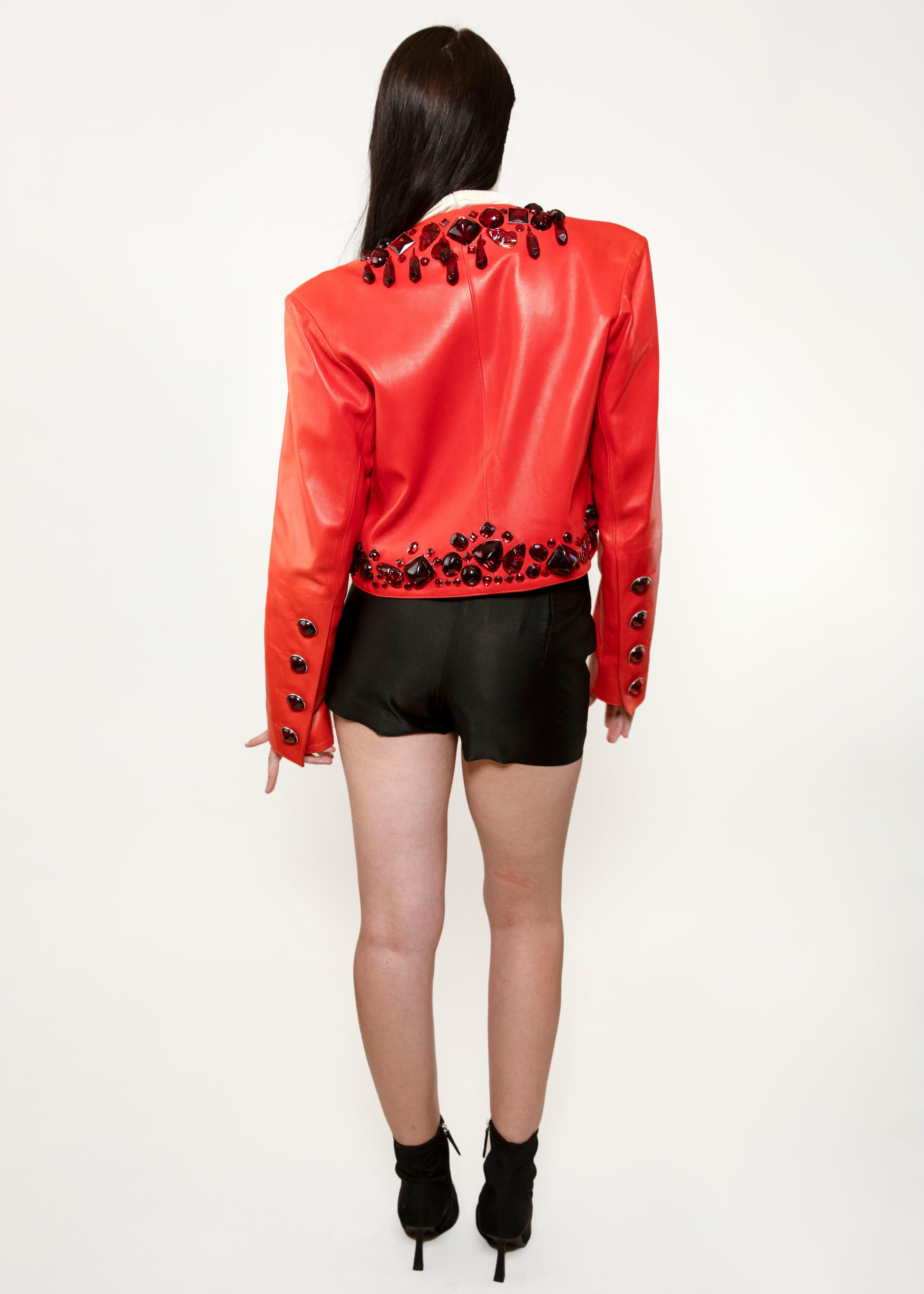 Red Yves Saint Laurent 1990 Glass Bead Leather Cropped Jacket For Sale