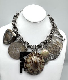 Yves Saint Laurent 1990s Antique Silver Tone, Shell & Pearl Large Charm Necklace