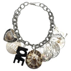 Yves Saint Laurent 1990s Antique Silver Tone, Shell & Pearl Large Charm Necklace