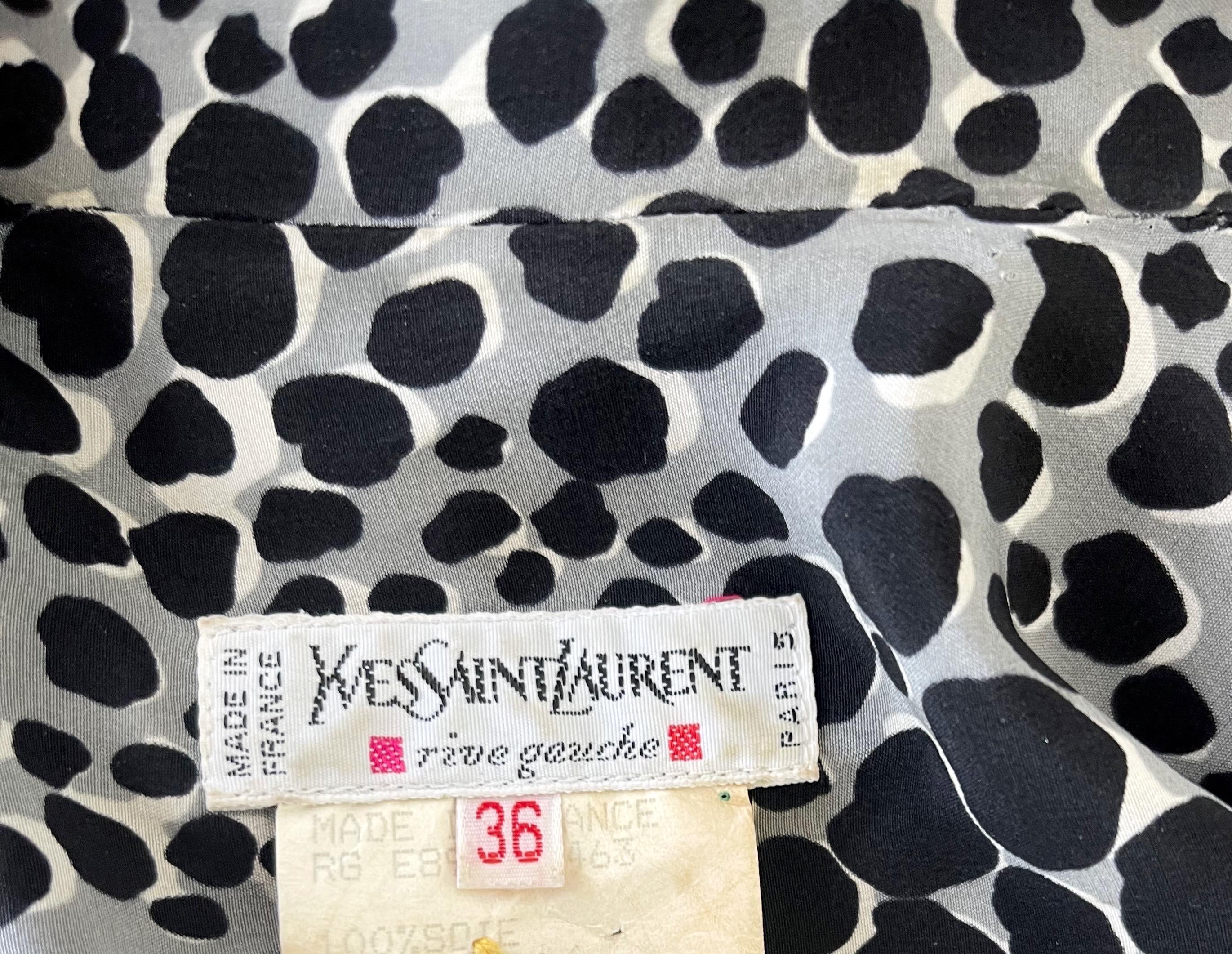Chic vintage early 90s YVES SAINT LAURENT Rive Gache YSL leopard cheetah animal print black, grey and white silk dress ! Wrap style that buttons up the front. Pussycat bow ties at center front neck. Hidden zipper at each sleeve cuff. Great alone or