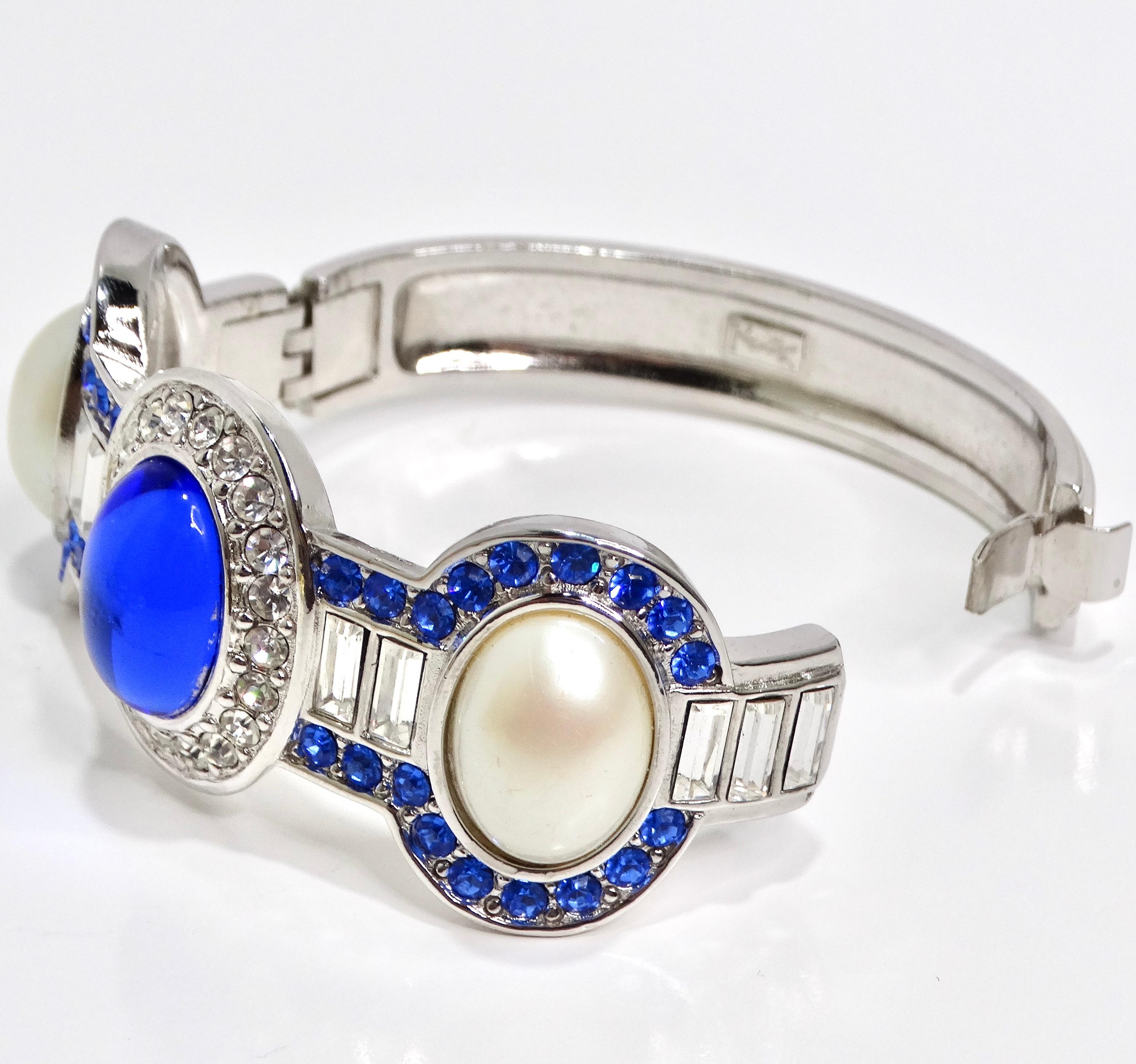 Yves Saint Laurent 1990s Faux Sapphire Pearl Clamper Bracelet For Sale 6