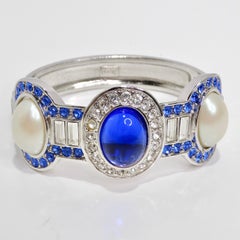 Yves Saint Laurent 1990s Faux Sapphire Pearl Clamper Bracelet