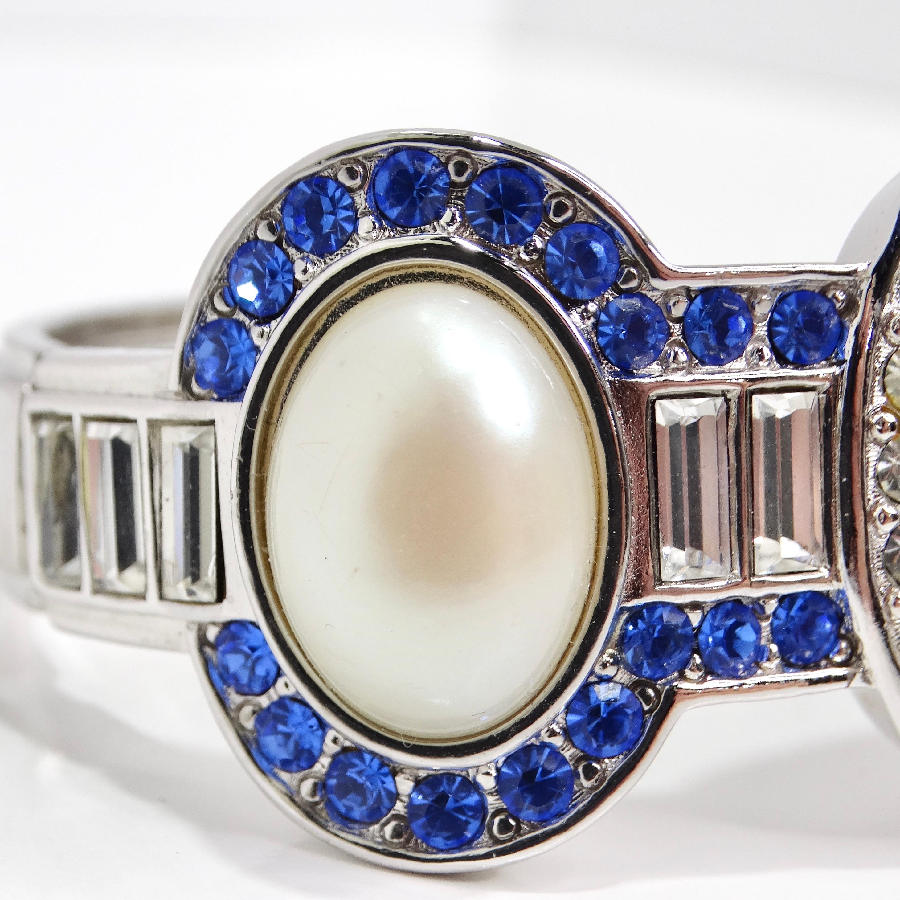 Yves Saint Laurent 1990s Faux Sapphire Pearl Clamper Bracelet For Sale 1