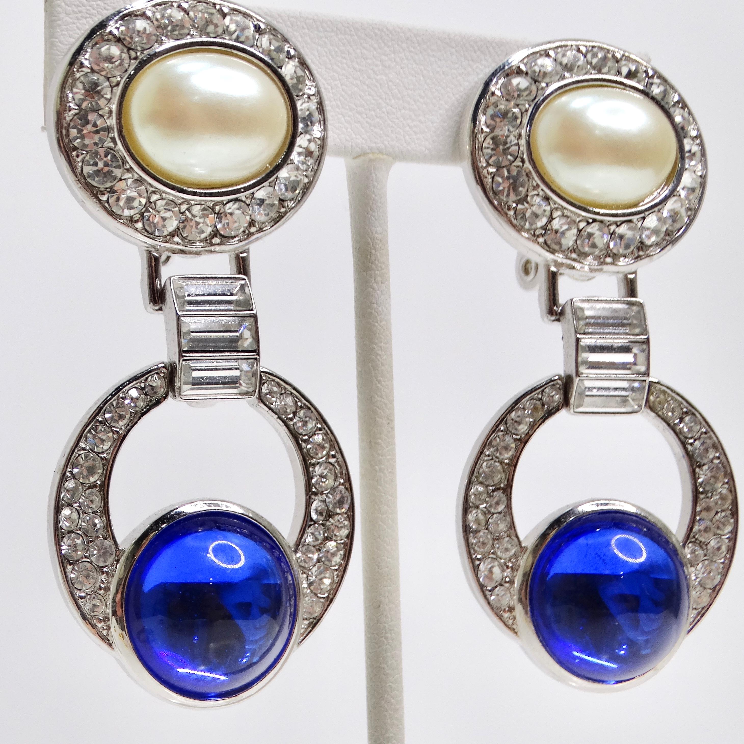Yves Saint Laurent 1990s Faux Sapphire Pearl Dangle Earrings For Sale 1