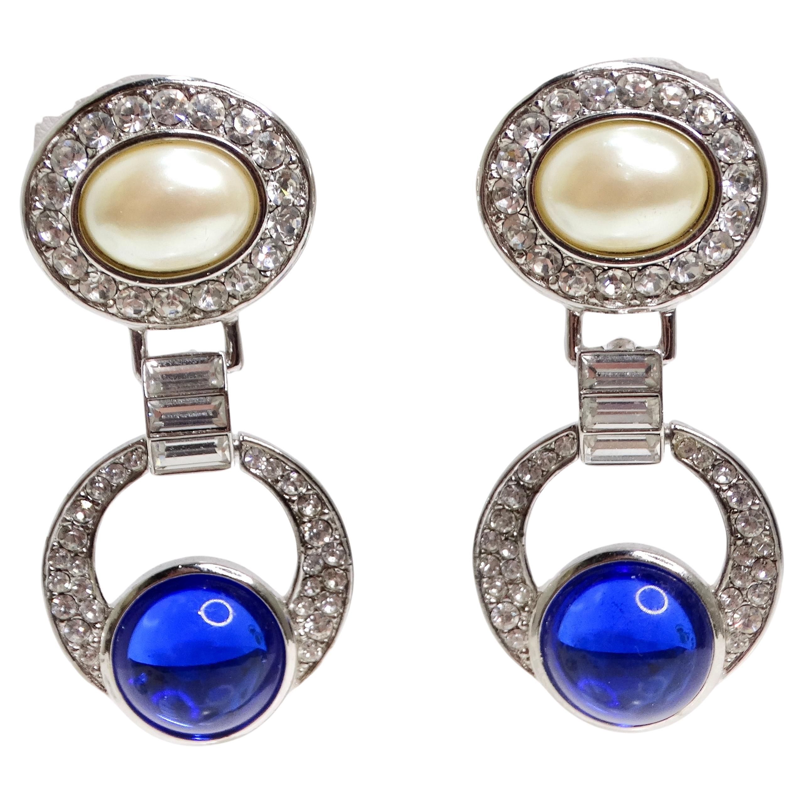 Yves Saint Laurent 1990s Faux Sapphire Pearl Dangle Earrings For Sale